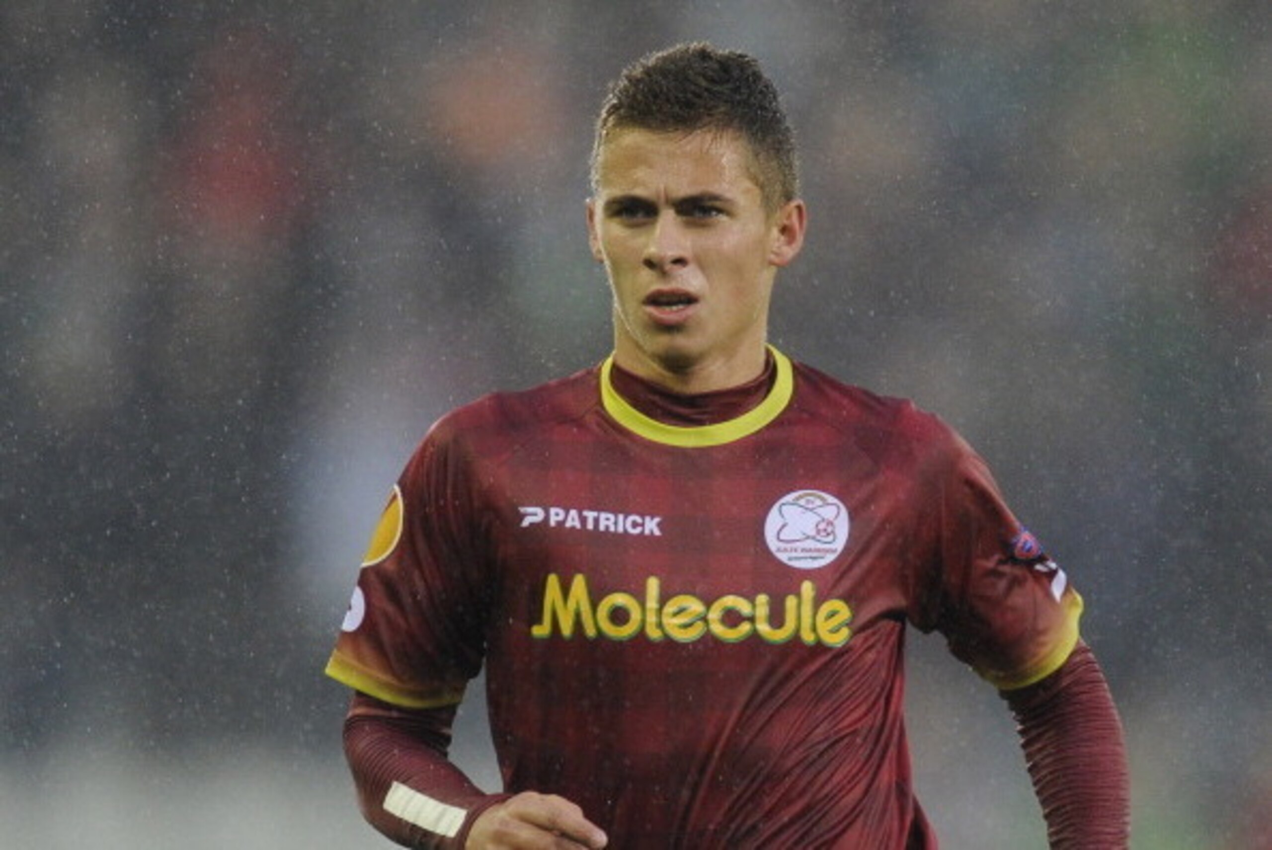 BRUGES, BELGIUM - SEPTEMBER 19:  Thorgan Hazard of SV Zulte Waregem in action during the UEFA Europa League group stage match between SV Zulte Waregem and Wigan Athletic FC held on September 19, 2013 at the Jan Breydelstadion in Bruges, Belgium. (Photo by