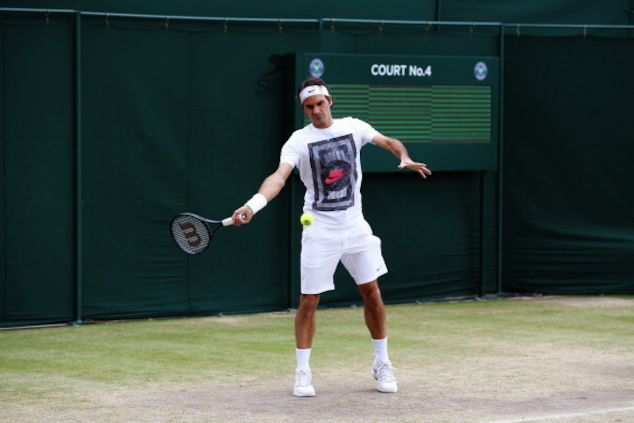 LONDON, ENGLAND - JULY 05:  Roger Federer of Switzerland during a practice session on day twelve of the Wimbledon Lawn Tennis Championships at the All England Lawn Tennis and Croquet Club on July 5, 2014 in London, England.  (Photo by Jan Kruger/Getty Ima