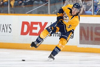 NASHVILLE, TN - FEBRUARY 8: Michael Del Zotto #5 of the Nashville Predators skates against the Anaheim Ducks at Bridgestone Arena on February 8, 2014 in Nashville, Tennessee. (Photo by John Russell/NHLI via Getty Images)
