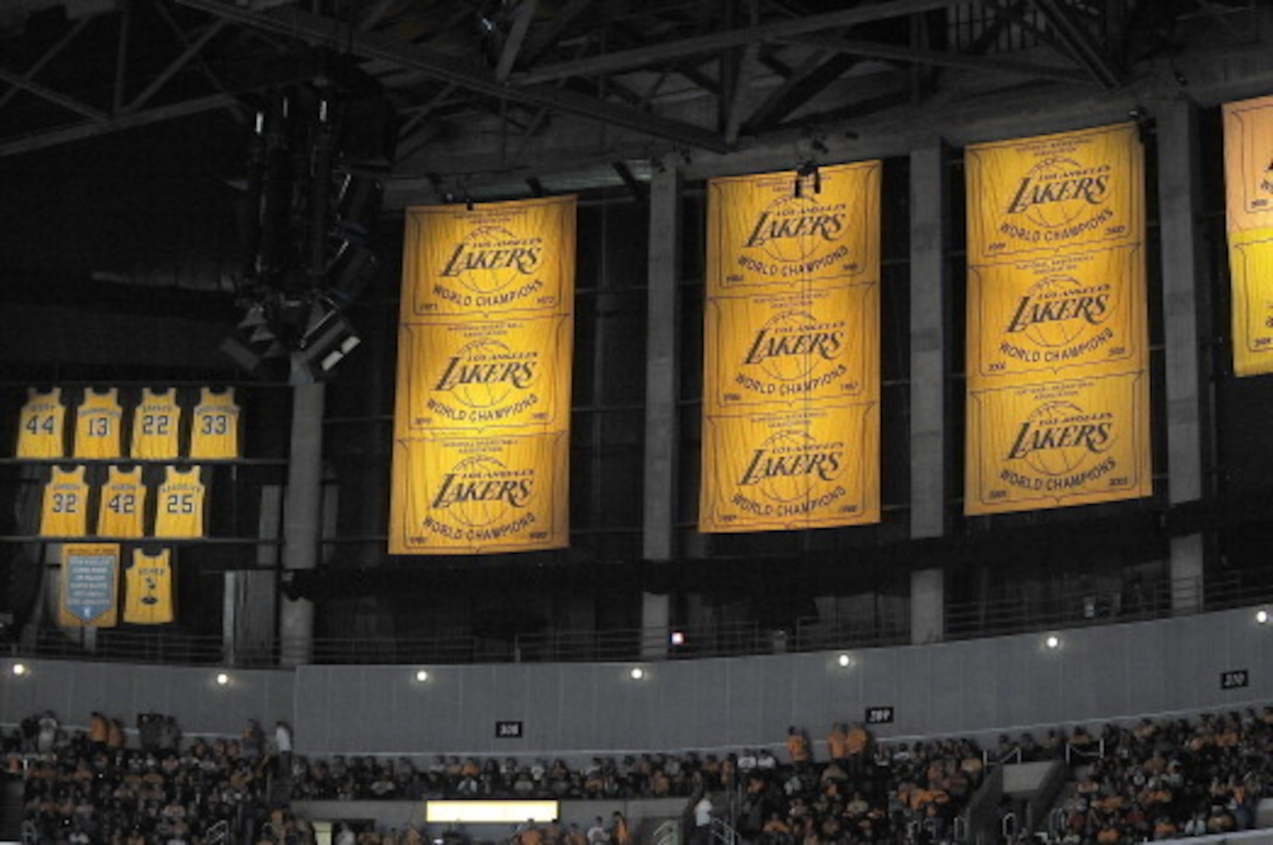 LOS ANGELES - OCTOBER 26:  The 2009-2010 Los Angeles Lakers Championship banner is displayed during the ring ceremony prior to the opening night game against the Houston Rockets at Staples Center on October 26, 2010 in Los Angeles, California. NOTE TO USE