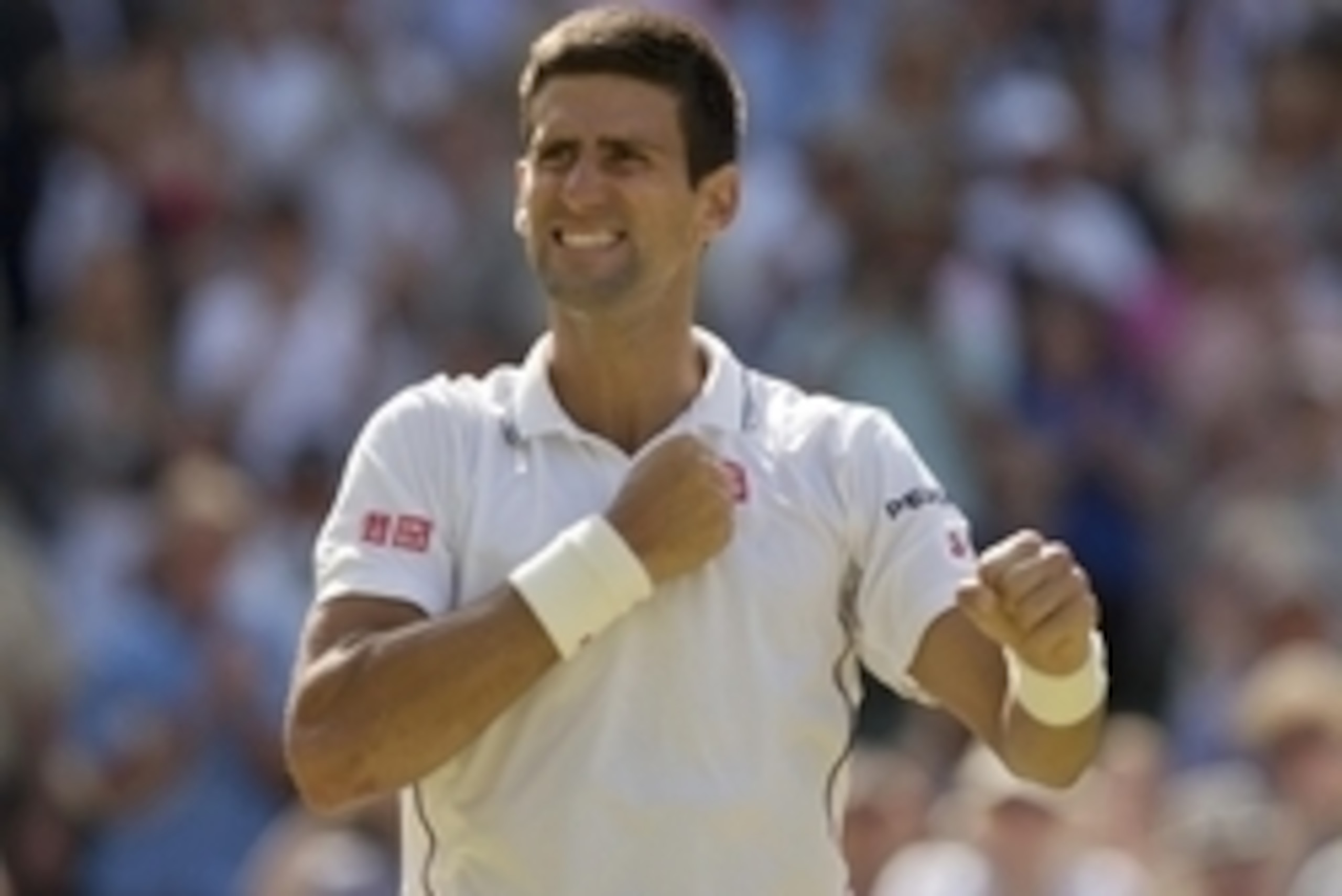 Jul 4, 2014; London, United Kingdom; Novak Djokovic (SRB) celebrates recording match point in his match against Grigor Dimitrov (BUL) on day 11 of the 2014 Wimbledon Championships at the All England Lawn and Tennis Club. Mandatory Credit: Susan Mullane-US
