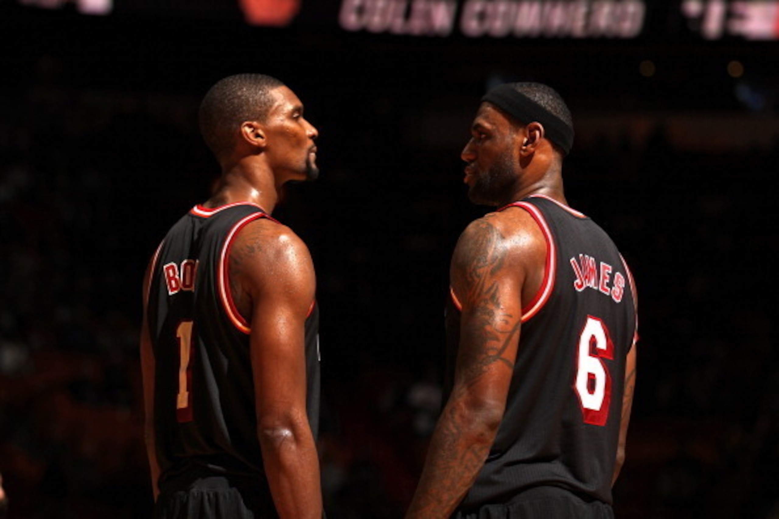 MIAMI, FL - JANUARY 23:  ;(L-R) Chris Bosh #1 and LeBron James #6 of the Miami Heat during the game against the Los Angeles Lakers at American Airlines Arena in Miami, Florida on Jan. 23, 2014. NOTE TO USER: User expressly acknowledges and agrees that, by