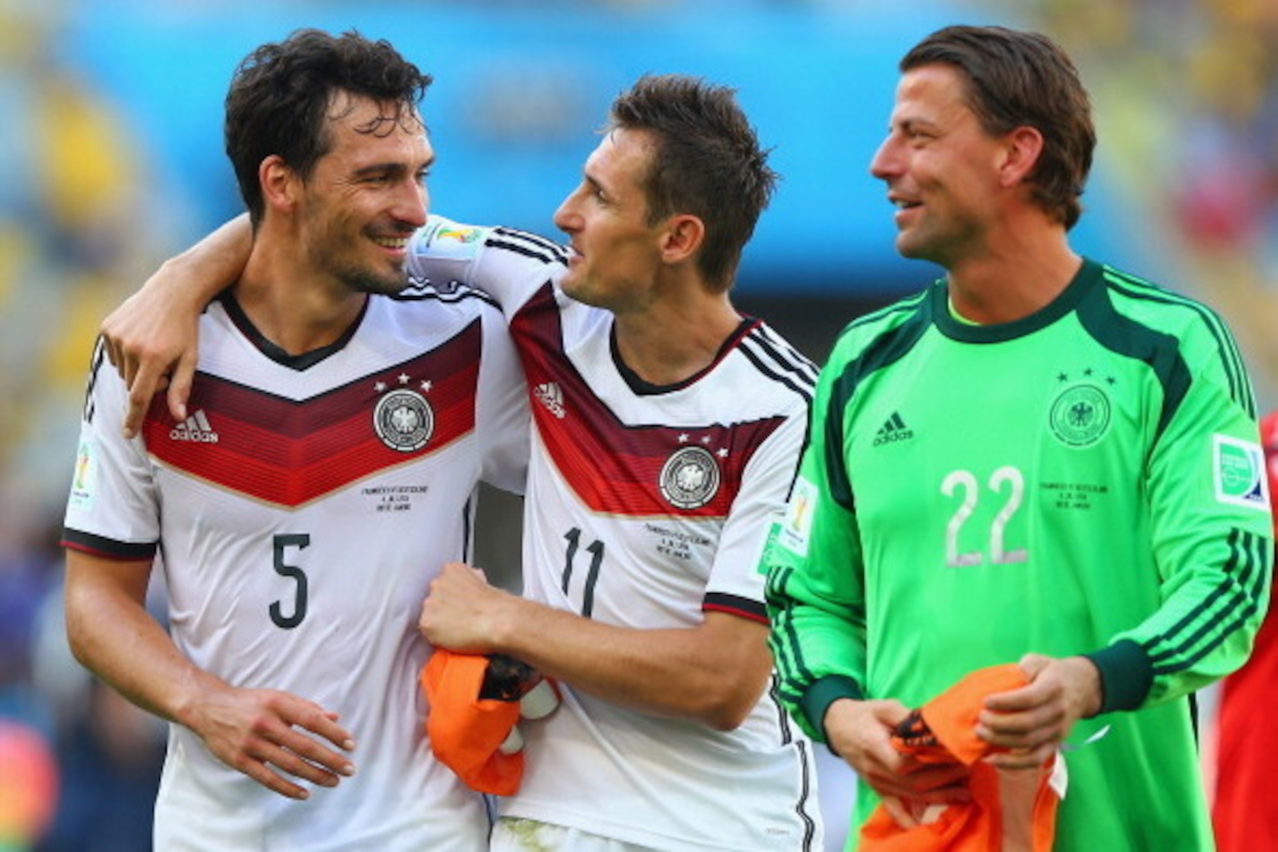RIO DE JANEIRO, BRAZIL - JULY 04:  (L-R) Mats Hummels, Miroslav Klose and Roman Weidenfeller of Germany celebrate a 1-0 victory over France in the 2014 FIFA World Cup Brazil Quarter Final match between France and Germany at Maracana on July 4, 2014 in Rio