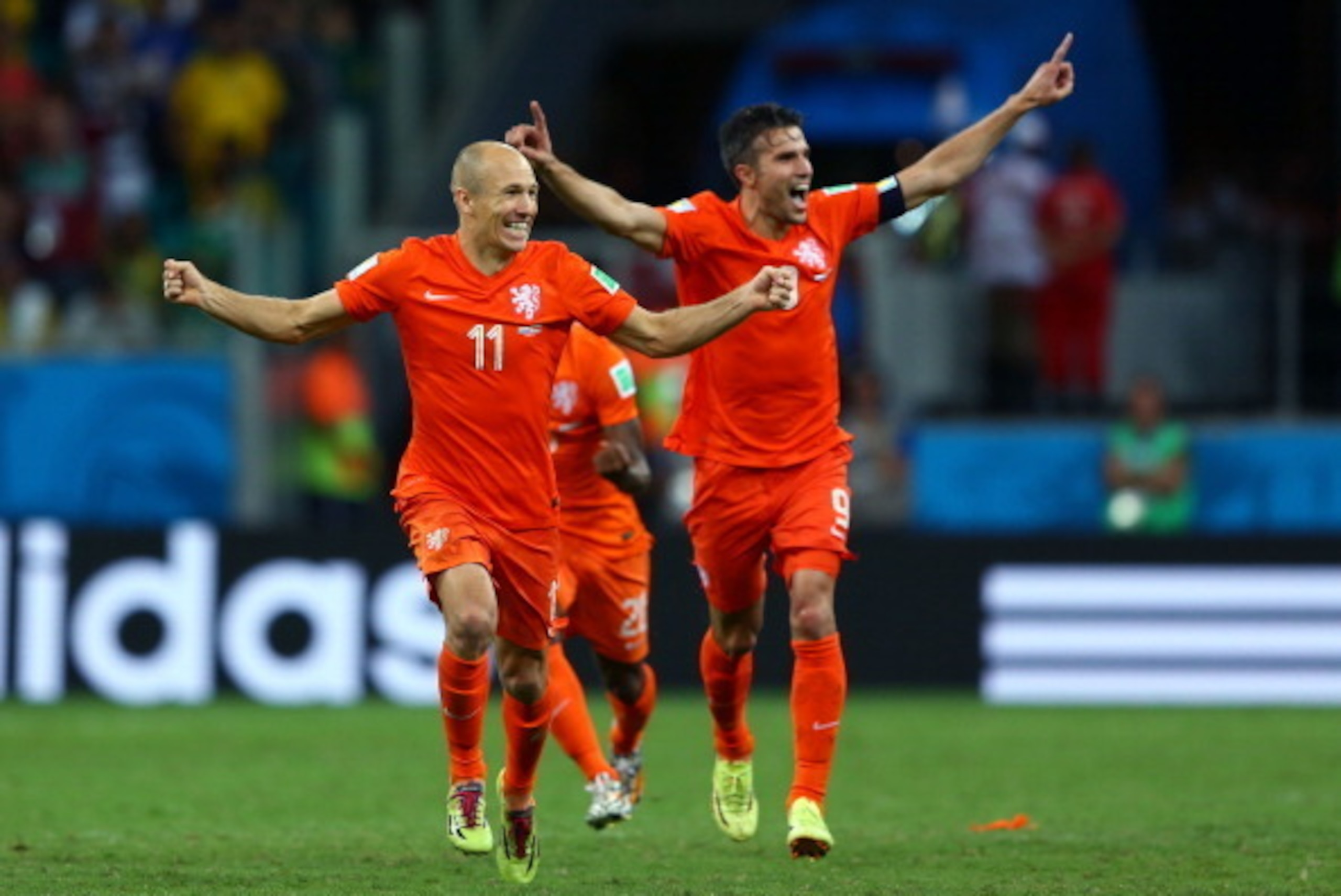 SALVADOR, BRAZIL - JULY 05: Arjen Robben and Robin van Persie of the Netherlands celebrate after defeating Costa Rica in a penalty shootout during the 2014 FIFA World Cup Brazil Quarter Final match between the Netherlands and Costa Rica at Arena Fonte No SALVADOR, BRAZIL - JULY 05: Arjen Robben and Robin van Persie of the Netherlands celebrate after defeating Costa Rica in a penalty shootout during the 2014 FIFA World Cup Brazil Quarter Final match between the Netherlands and Costa Rica at Arena Fonte No