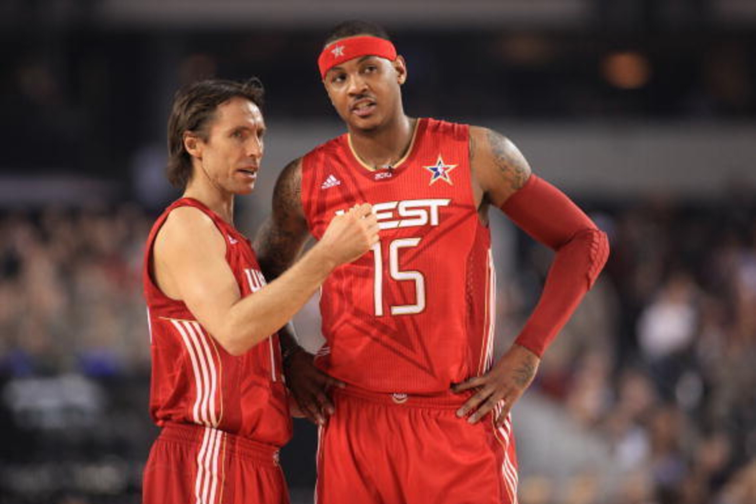ARLINGTON, TX - FEBRUARY 14:  Steve Nash #13 of the Western Conference talks to teammate Carmelo Anthony #15 during the NBA All-Star Game as part of the 2010 NBA All-Star Weekend at Cowboys Stadium on February 14, 2010 in Arlington, Texas. NOTE TO USER: U