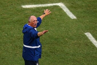 FORTALEZA, BRAZIL - JULY 04: Head coach Luiz Felipe Scolari of Brazil reacts during the 2014 FIFA World Cup Brazil Quarter Final match between Brazil and Colombia at Castelao on July 4, 2014 in Fortaleza, Brazil.  (Photo by Michael Steele/Getty Images)