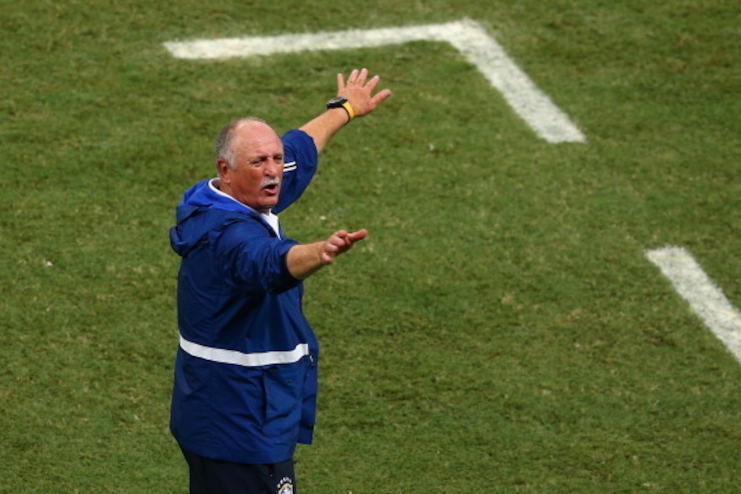 FORTALEZA, BRAZIL - JULY 04: Head coach Luiz Felipe Scolari of Brazil reacts during the 2014 FIFA World Cup Brazil Quarter Final match between Brazil and Colombia at Castelao on July 4, 2014 in Fortaleza, Brazil.  (Photo by Michael Steele/Getty Images)