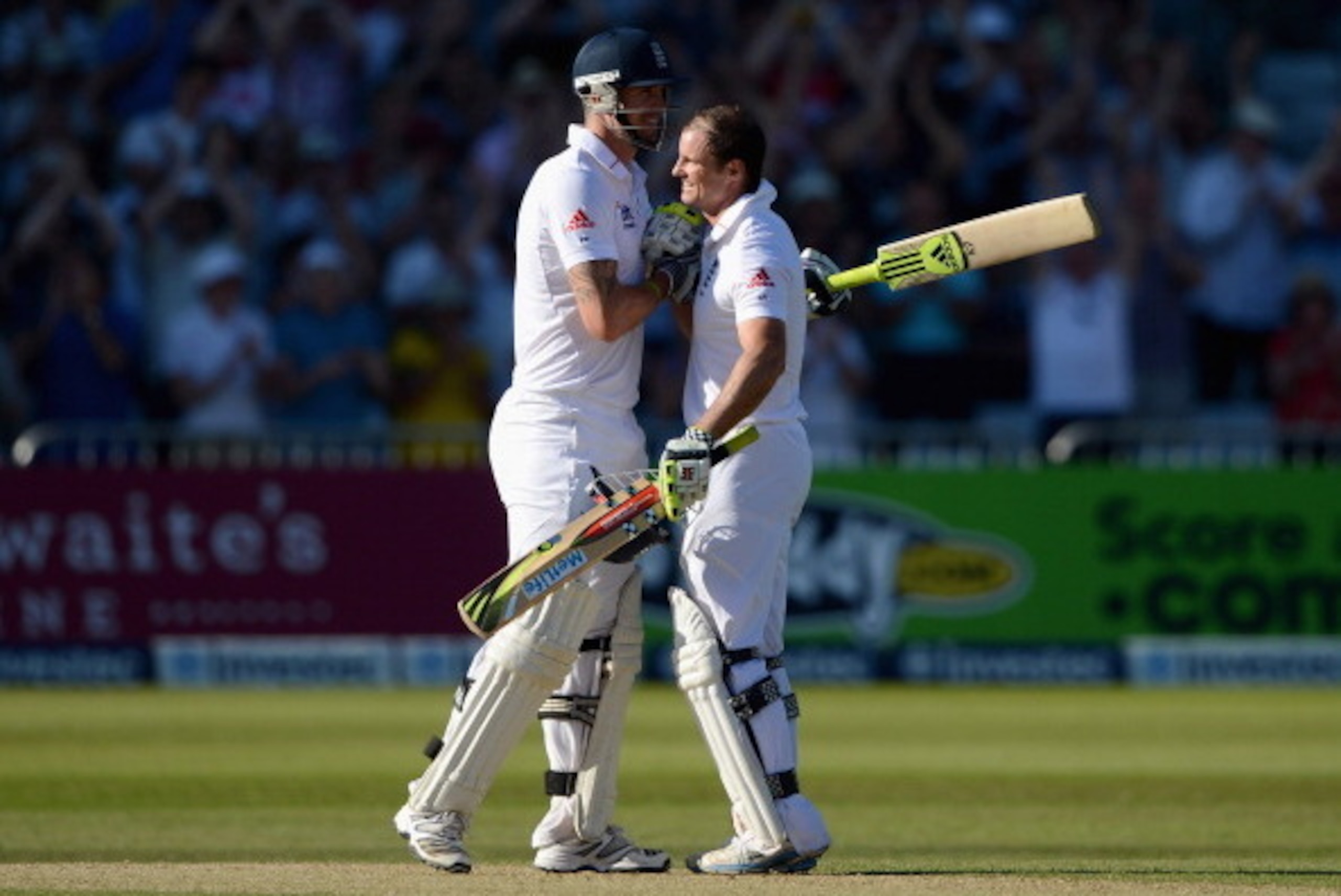 NOTTINGHAM, ENGLAND - MAY 26:  England captain Andrew Strauss celebrates with Kevin Pietersen after reaching his century  during day two of the second Test match between England and the West Indies at Trent Bridge on May 26, 2012 in Nottingham, England.  