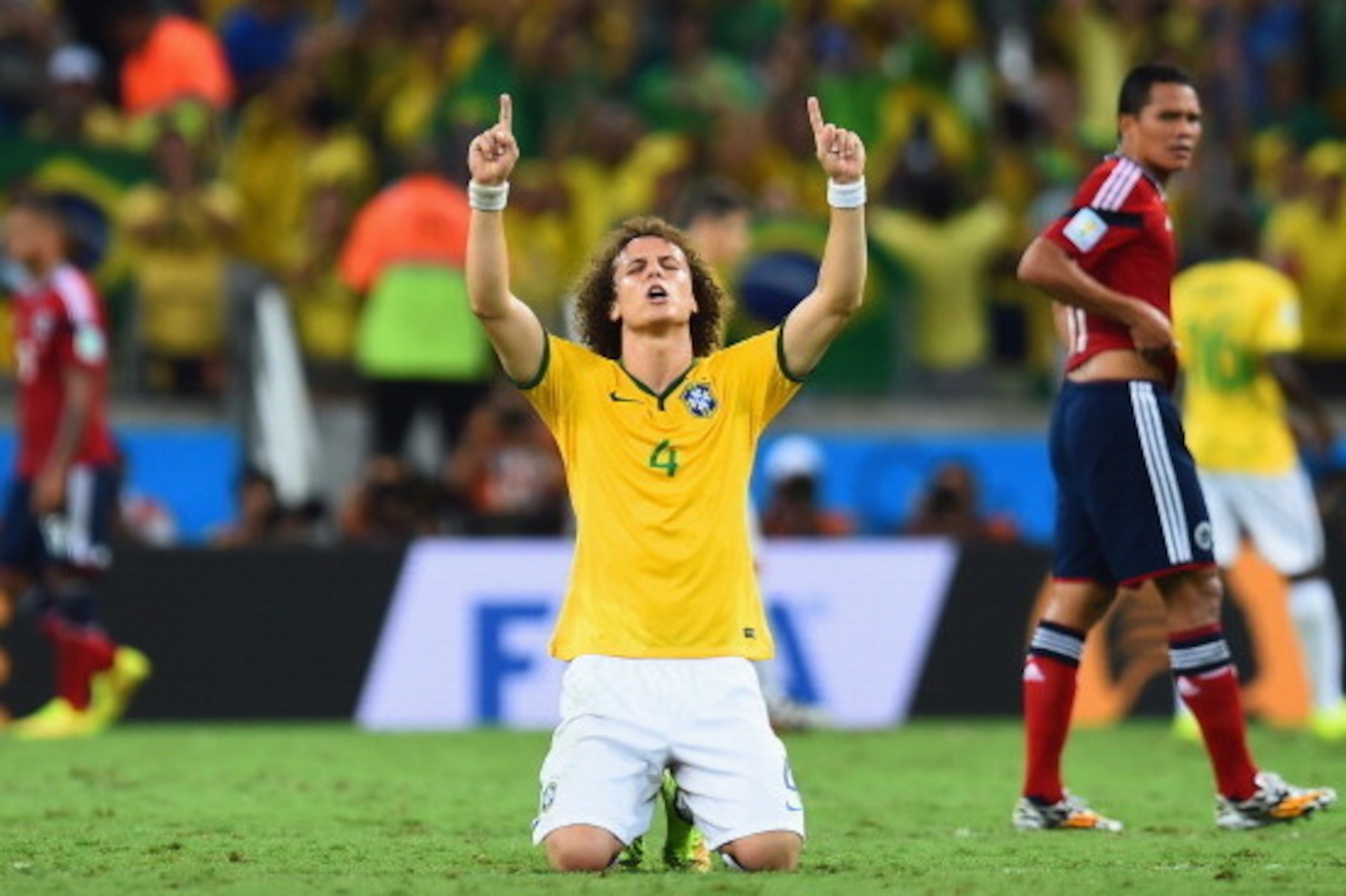 FORTALEZA, BRAZIL - JULY 04: David Luiz of Brazil celebrates after defeating Colombia 2-1 during the 2014 FIFA World Cup Brazil Quarter Final match between Brazil and Colombia at Castelao on July 4, 2014 in Fortaleza, Brazil. (Photo by Jamie McDonald/Get FORTALEZA, BRAZIL - JULY 04: David Luiz of Brazil celebrates after defeating Colombia 2-1 during the 2014 FIFA World Cup Brazil Quarter Final match between Brazil and Colombia at Castelao on July 4, 2014 in Fortaleza, Brazil. (Photo by Jamie McDonald/Get