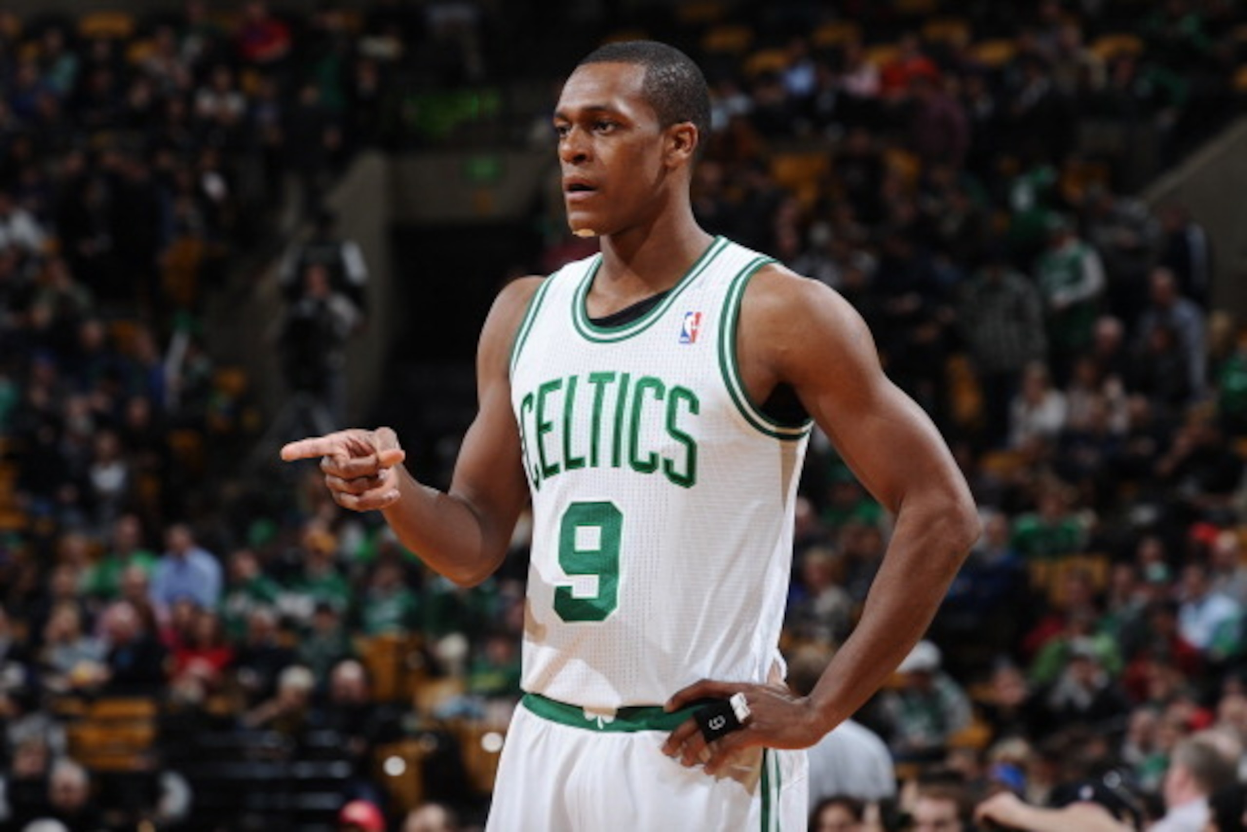 BOSTON, MA - FEBRUARY 26: Rajon Rondo #9 of the Boston Celtics during a stop in the play against the Atlanta Hawks on February 26, 2014 at the TD Garden in Boston, Massachusetts.  NOTE TO USER: User expressly acknowledges and agrees that, by downloading a