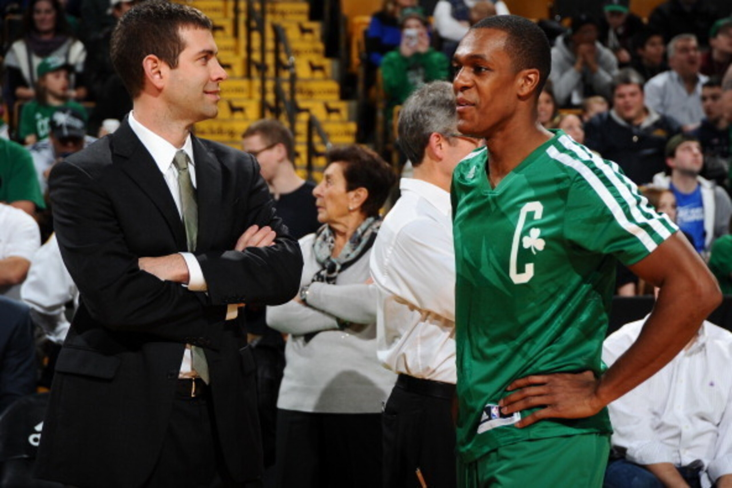 BOSTON, MA - JANUARY 15: Head coach Brad Stevens and Rajon Rondo #9 of the Boston Celtics chat during warm ups before the game against the Toronto Raptors on January 15, 2014 at the TD Garden in Boston, Massachusetts.  NOTE TO USER: User expressly acknowl