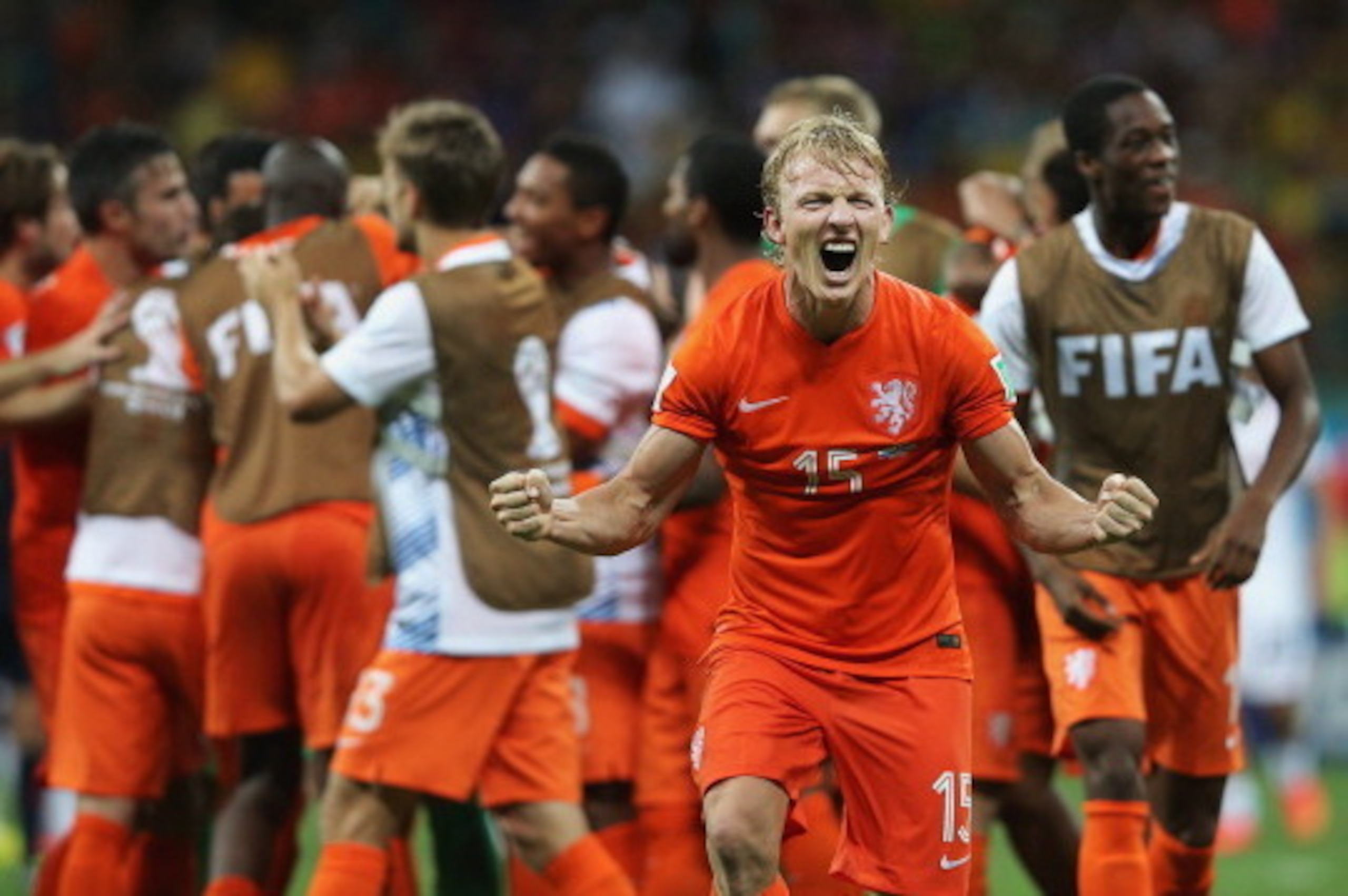 SALVADOR, BRAZIL - JULY 05:  Dirk Kuyt of the Netherlands celebrates after defeating Costa Rica in a penalty shootout during the 2014 FIFA World Cup Brazil Quarter Final match between the Netherlands and Costa Rica at Arena Fonte Nova on July 5, 2014 in S