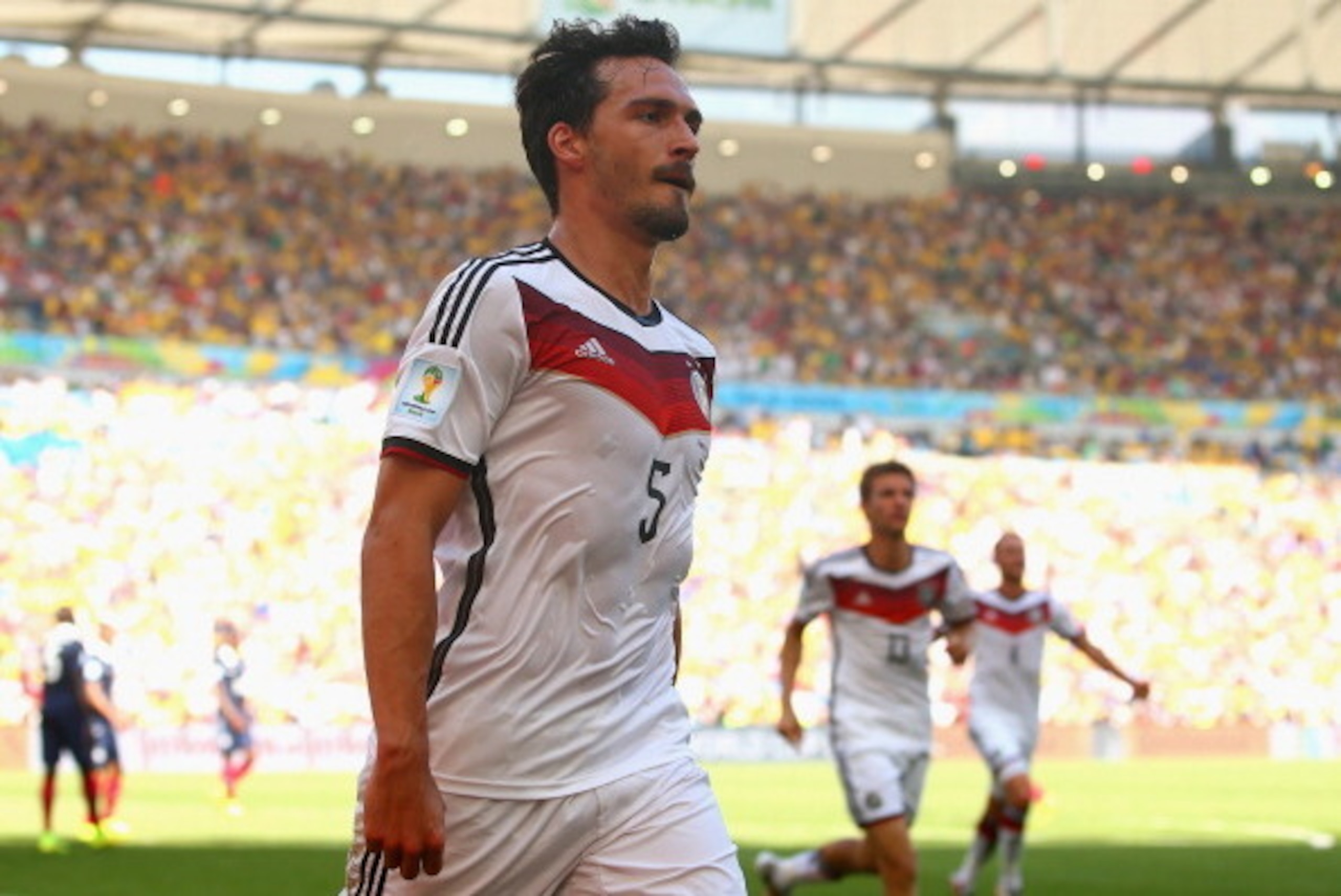 RIO DE JANEIRO, BRAZIL - JULY 04:  Mats Hummels of Germany celebrates scoring his team's first goal during the 2014 FIFA World Cup Brazil Quarter Final match between France and Germany at Maracana on July 4, 2014 in Rio de Janeiro, Brazil.  (Photo by Juli