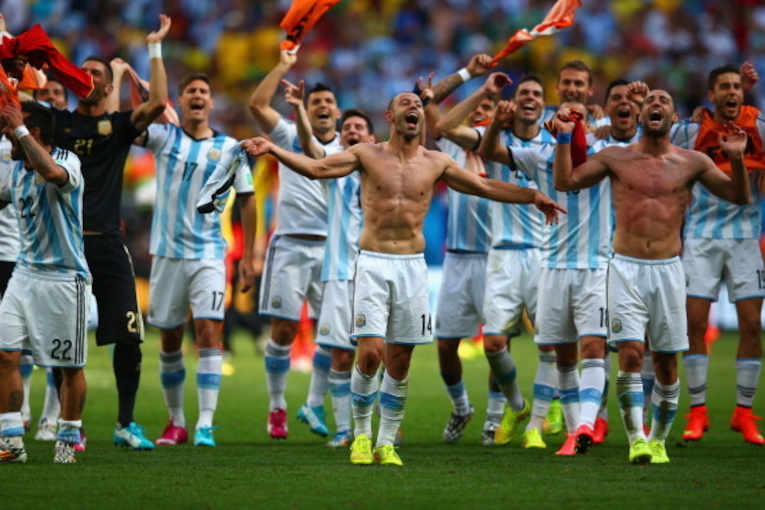 BRASILIA, BRAZIL - JULY 05: Argentina celebrate defeating Belgium 1-0 during the 2014 FIFA World Cup Brazil Quarter Final match between Argentina and Belgium at Estadio Nacional on July 5, 2014 in Brasilia, Brazil.  (Photo by Julian Finney/Getty Images)
