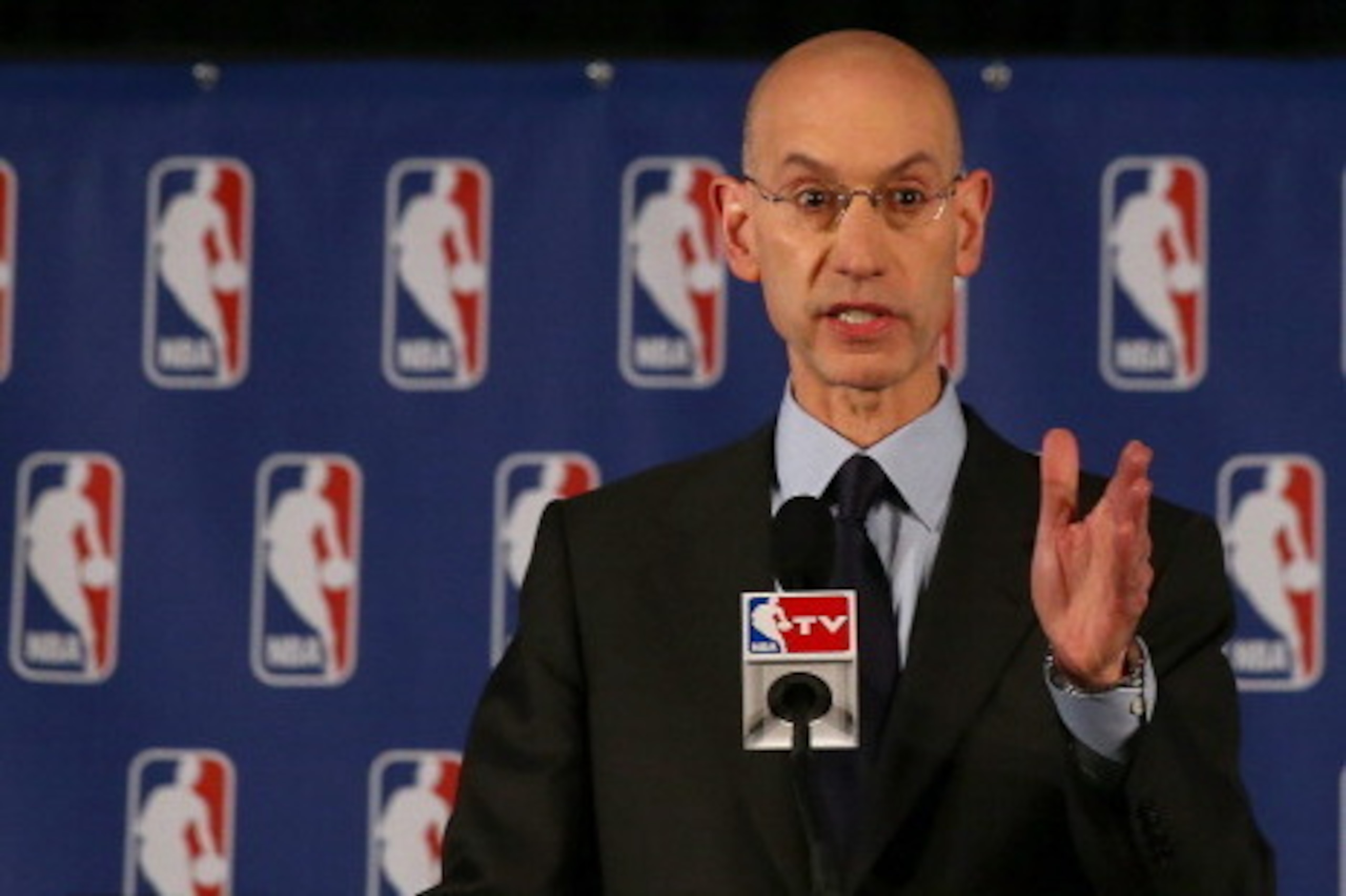 NEW YORK, NY - APRIL 29:  NBA Commissioner Adam Silver holds a press conference to discuss Los Angeles Clippers owner Donald Sterling at the Hilton Hotel on April 29, 2014 in New York City. Silver announced that Sterling will be banned from the NBA for li