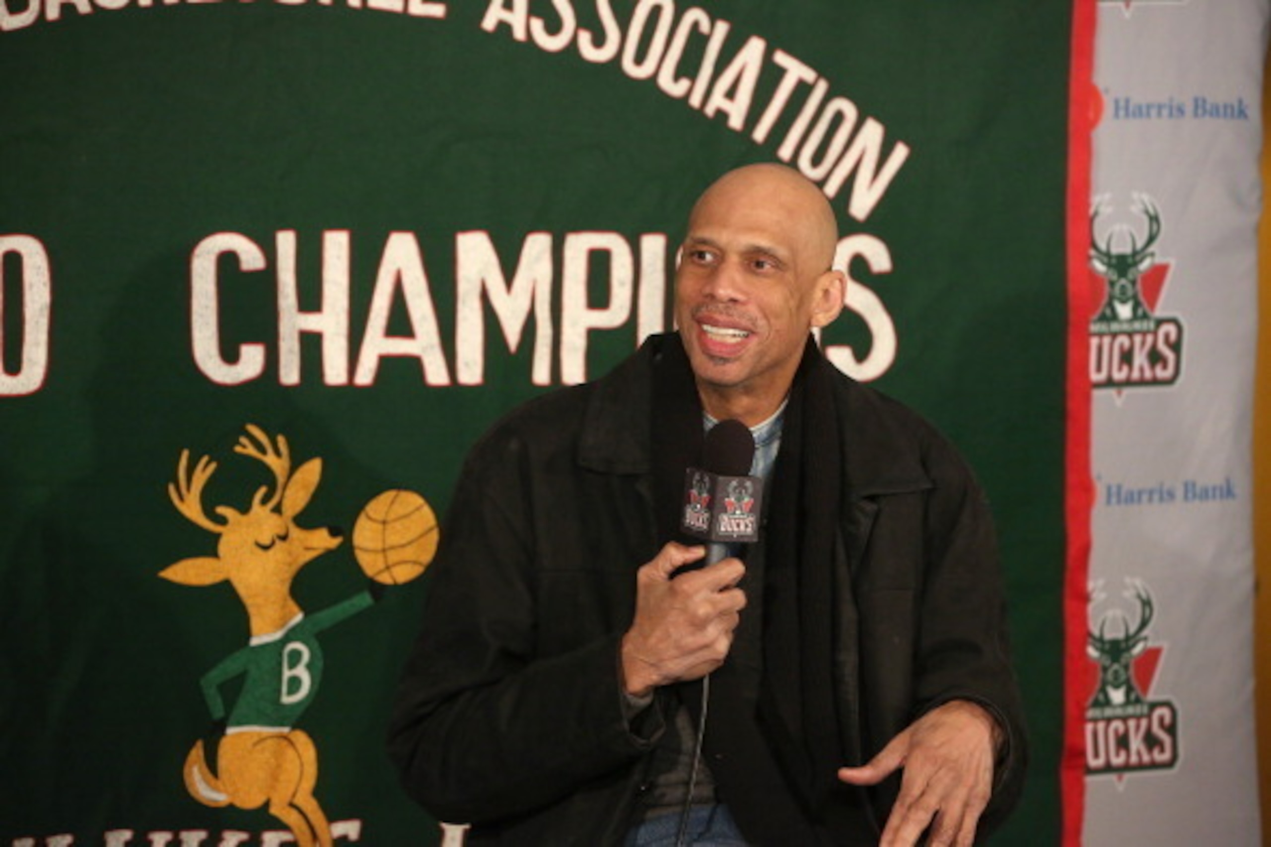 MILWAUKEE, WI - MARCH 3: NBA Hall-of-famer Kareem Abdul-Jabbar speaks during a press conference prior to the game between the Utah Jazz and the Milwaukee Bucks on March 3, 2014 at the BMO Harris Bradley Center in Milwaukee, Wisconsin. NOTE TO USER:  User 