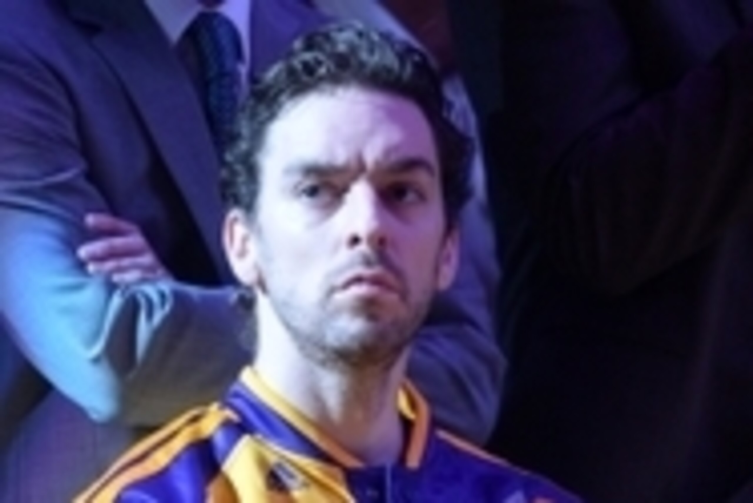 Apr 1, 2014; Los Angeles, CA, USA; Los Angeles Lakers center Pau Gasol (16) waits to be introduced before the game against the Portland Trail Blazers at Staples Center. Mandatory Credit: Jayne Kamin-Oncea-USA TODAY Sports