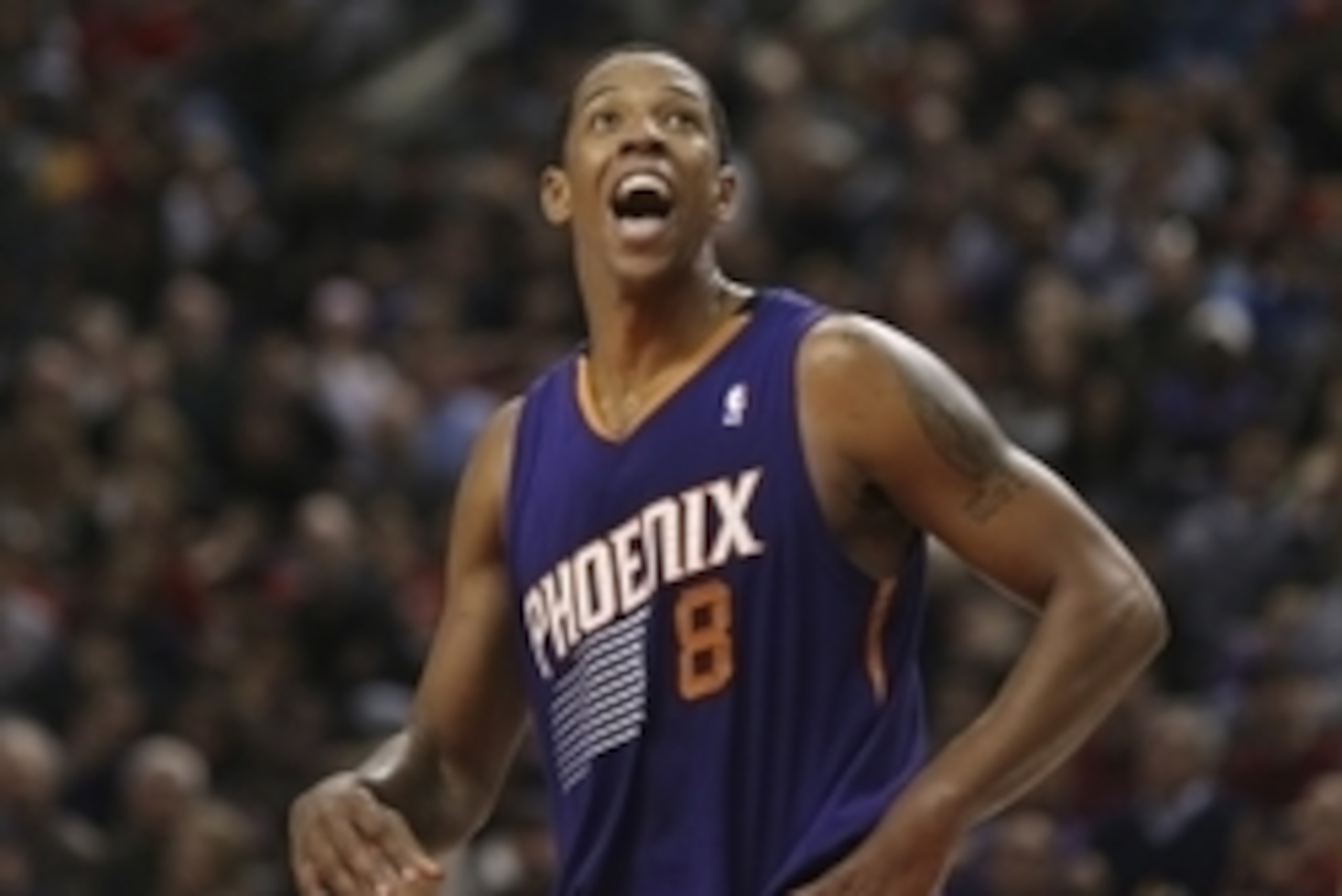 Mar 16, 2014; Toronto, Ontario, CAN; Phoenix Suns forward Channing Frye (8) reacts to a free throw against the Toronto Raptors at Air Canada Centre. The Suns beat the Raptors 121-113. Mandatory Credit: Tom Szczerbowski-USA TODAY Sports