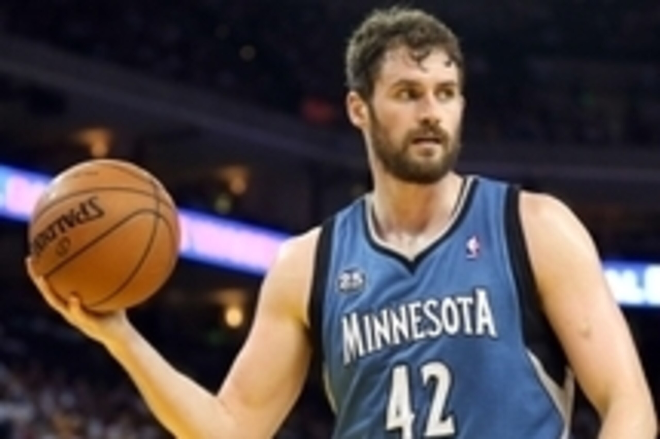 Apr 14, 2014; Oakland, CA, USA; Minnesota Timberwolves forward Kevin Love (42) between plays against the Golden State Warriors during the third quarter at Oracle Arena. The Golden State Warriors defeated the Minnesota Timberwolves 130-120. Mandatory Credi