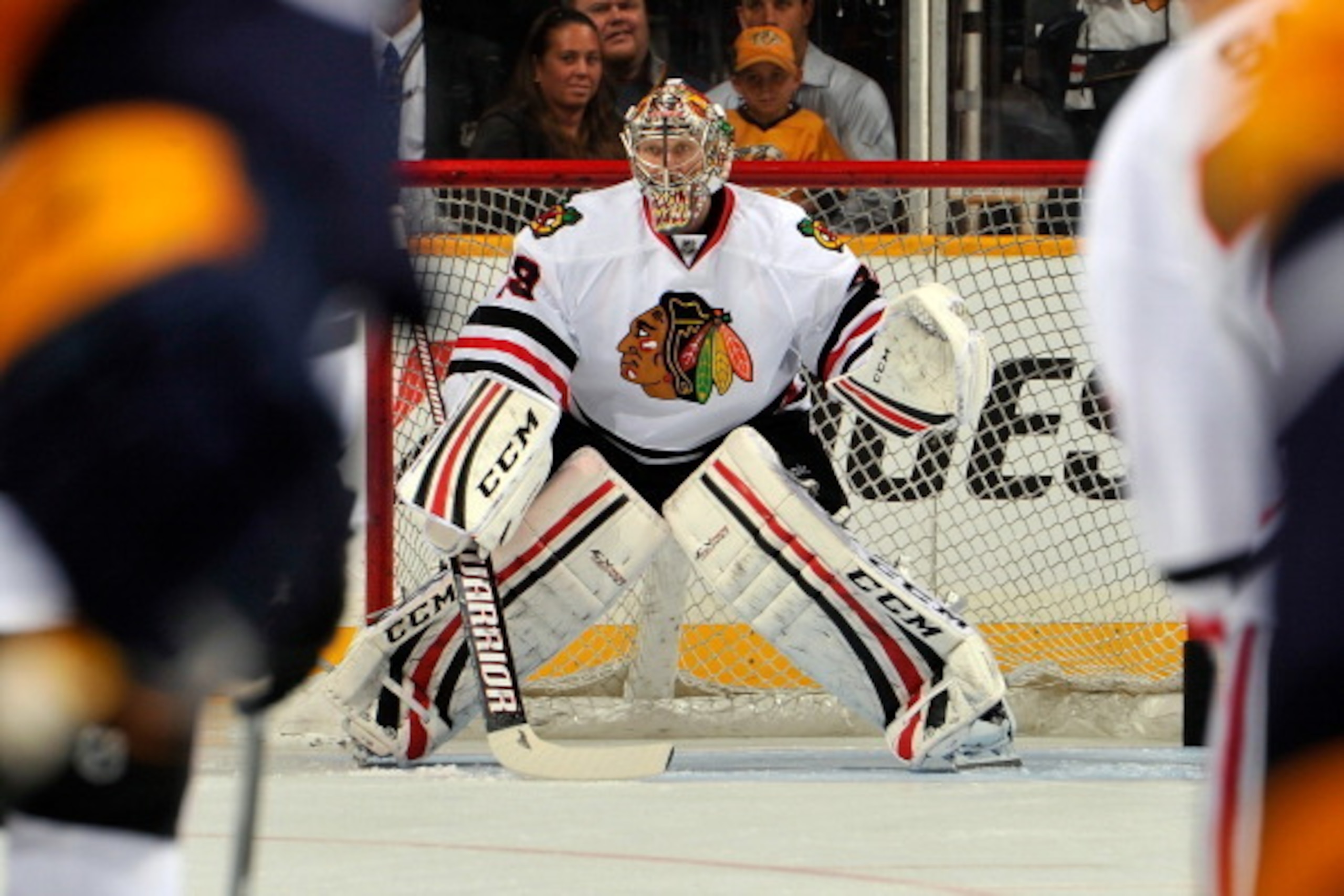 NASHVILLE, TN - NOVEMBER 16:  Goalie Nikolai Khabibulin #39 of the Chicago Blackhawks warms up prior to a game against the Nashville Predators at Bridgestone Arena on November 16, 2013 in Nashville, Tennessee.  (Photo by Frederick Breedon/Getty Images)
