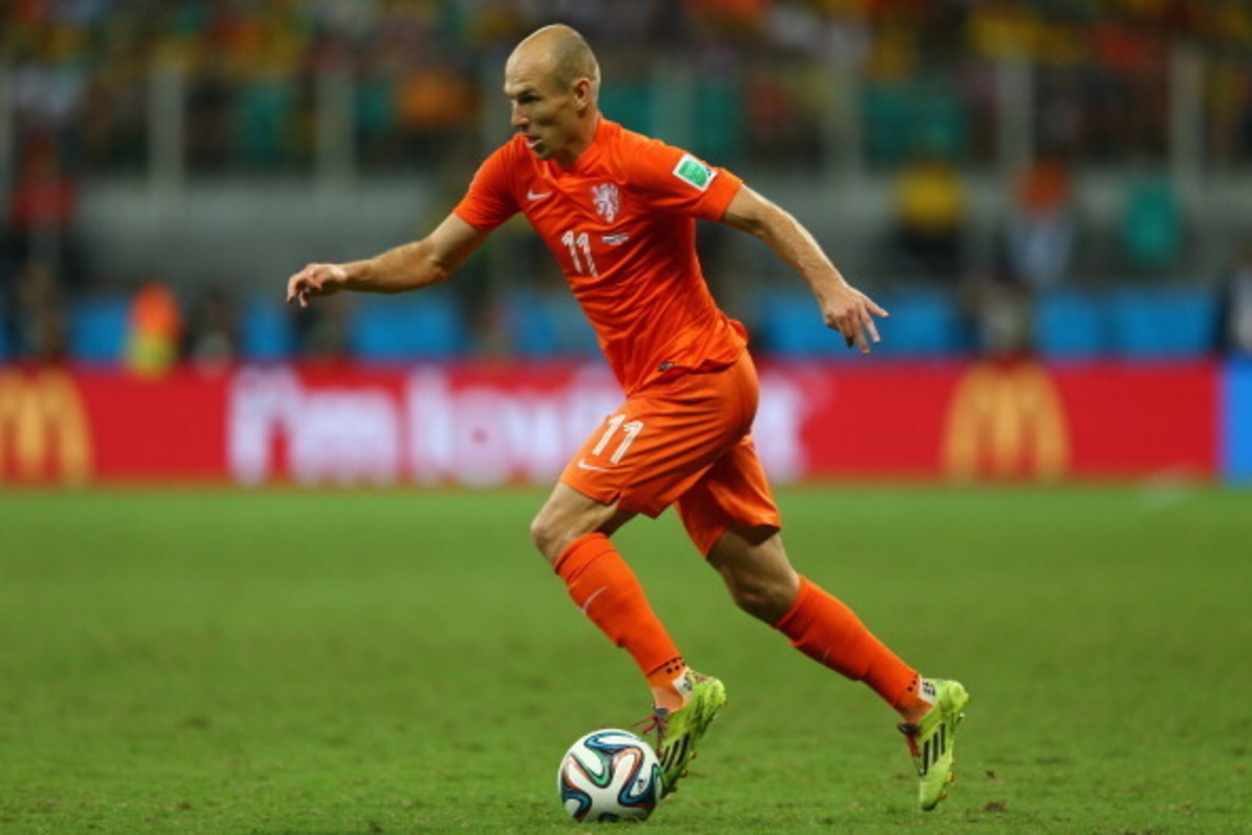 SALVADOR, BRAZIL - JULY 05:  Arjen Robben of the Netherlands during the 2014 FIFA World Cup Brazil Quarter Final match between the Netherlands and Costa Rica at Arena Fonte Nova on July 5, 2014 in Salvador, Brazil.  (Photo by Michael Steele/Getty Images)