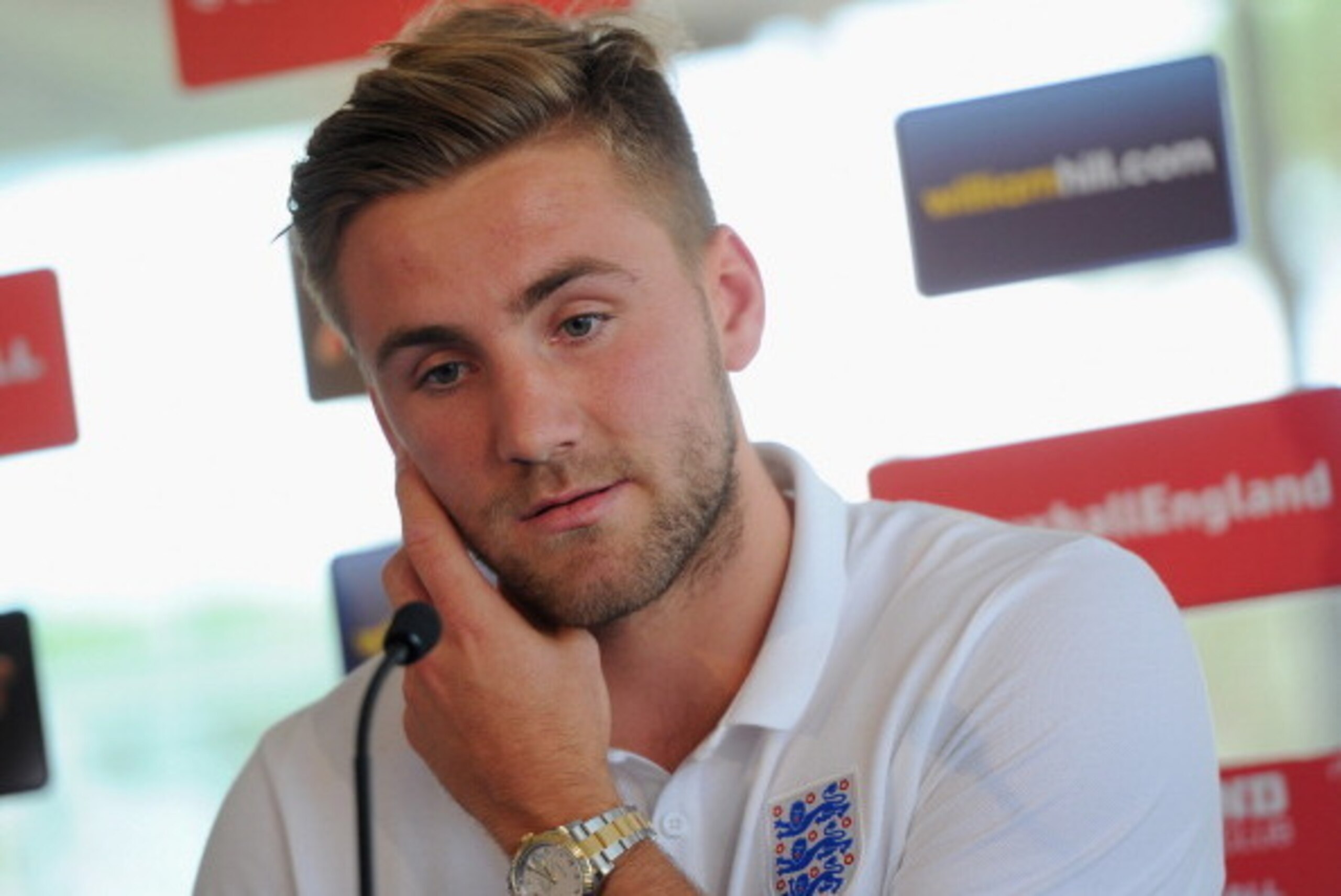 LAGOA, ALGARVE, PORTUGAL - MAY 21:  Luke Shaw speaks to the media after the England training session on May 21, 2014 in Lagoa, Algarve, Portugal.  (Photo by Michael Regan/Getty Images)