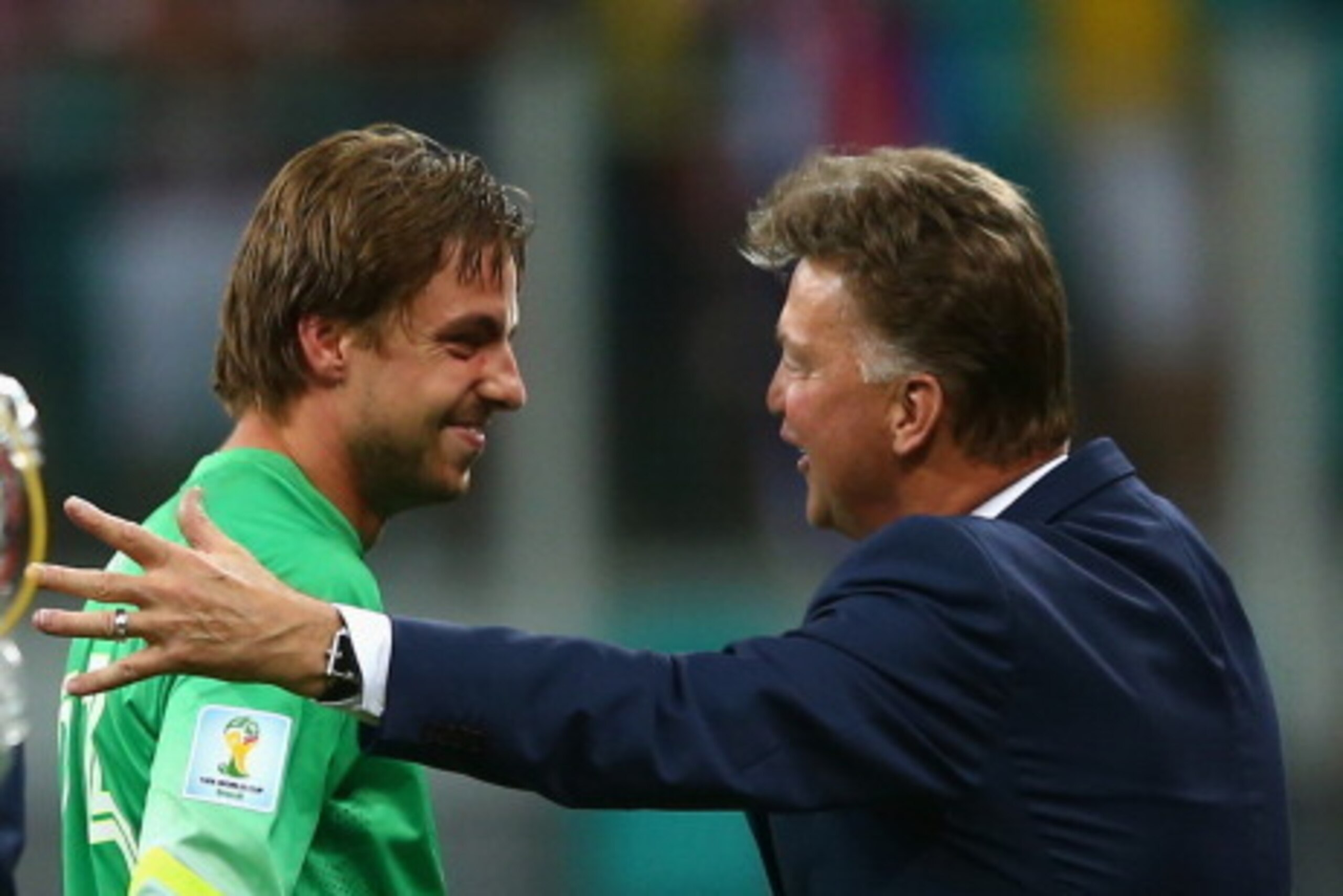 SALVADOR, BRAZIL - JULY 05: Goalkeeper Tim Krul of the Netherlands celebrates with head coach Louis van Gaal after making a save to defeat Costa Rica in a penalty shootout during the 2014 FIFA World Cup Brazil Quarter Final match between the Netherlands a