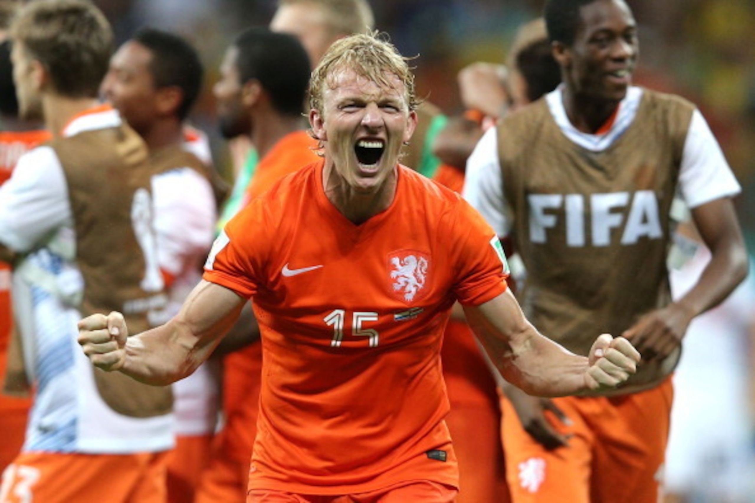 SALVADOR, BRAZIL - JULY 05: Dirk Kuyt of the Netherlands celebrates after defeating Costa Rica in a penalty shootout during the 2014 FIFA World Cup Brazil Quarter Final match between the Netherlands and Costa Rica at Arena Fonte Nova on July 5, 2014 in Sa
