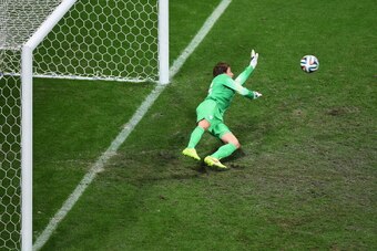 SALVADOR, BRAZIL - JULY 05:  Goalkeeper Tim Krul of the Netherlands saves a penalty from Michael Umana of Costa Rica in the shoot out during the 2014 FIFA World Cup Brazil Quarter Final match between the Netherlands and Costa Rica at Arena Fonte Nova on J