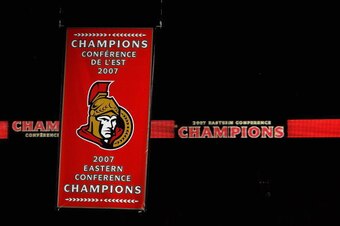 OTTAWA, CANADA - OCTOBER 4:  The Ottawa Senators' Eastern Conference Championship banner is raised to the roof prior to a game between the Toronto Maple Leafs and the Ottawa Senators on October 4, 2007 at the Scotiabank Place in Ottawa, Canada. The Ottawa