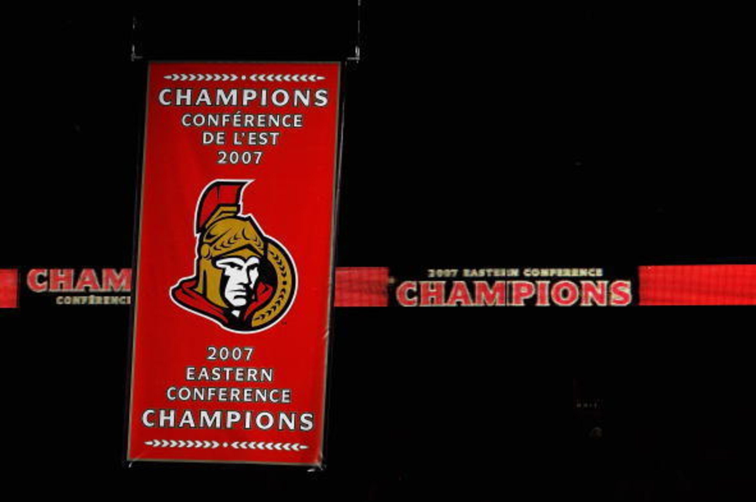 OTTAWA, CANADA - OCTOBER 4:  The Ottawa Senators' Eastern Conference Championship banner is raised to the roof prior to a game between the Toronto Maple Leafs and the Ottawa Senators on October 4, 2007 at the Scotiabank Place in Ottawa, Canada. The Ottawa