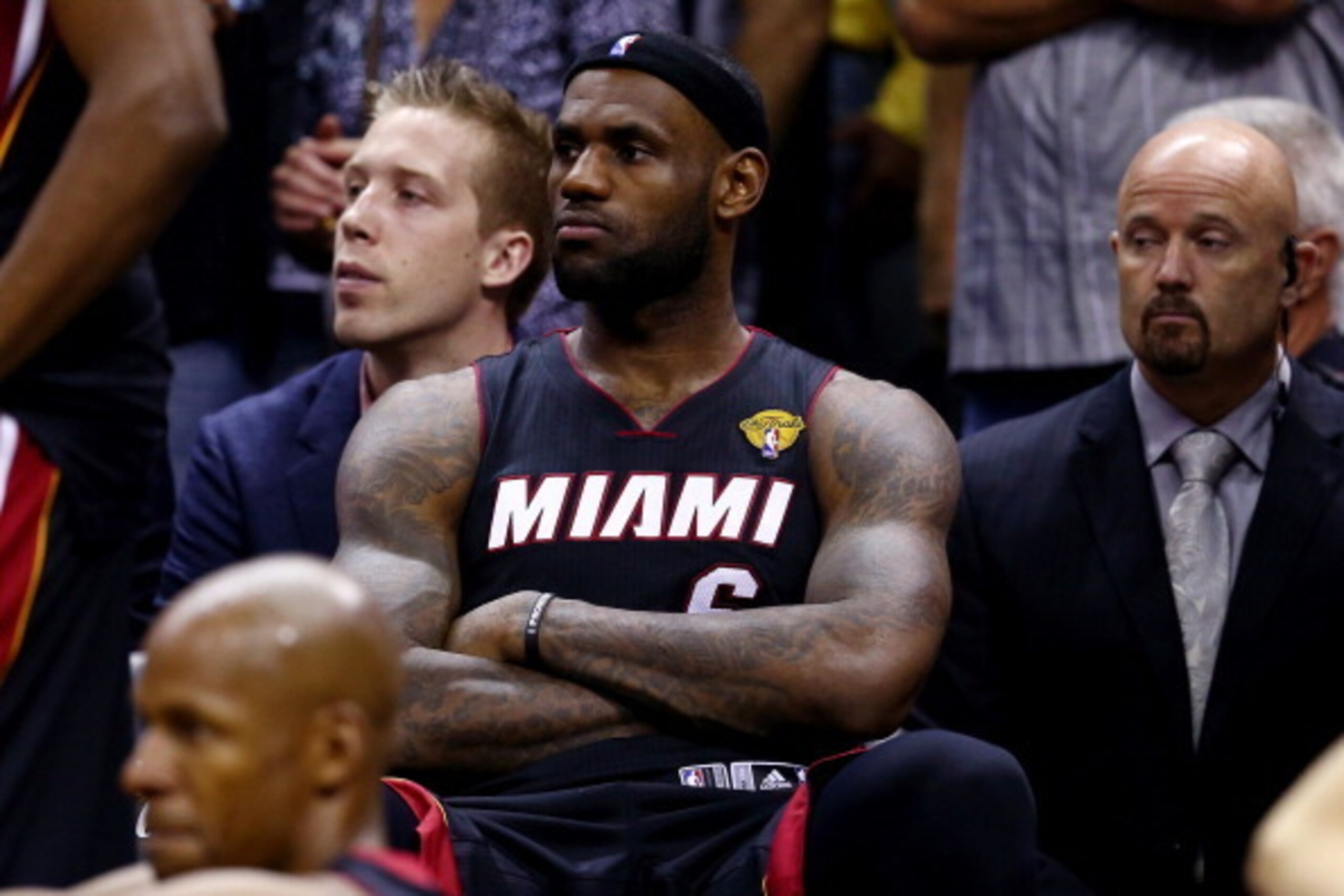 SAN ANTONIO, TX - JUNE 15: LeBron James #6 of the Miami Heat looks on from the bench in the closing minutes of Game Five of the 2014 NBA Finals against the San Antonio Spurs at the AT&T Center on June 15, 2014 in San Antonio, Texas. NOTE TO USER: User exp