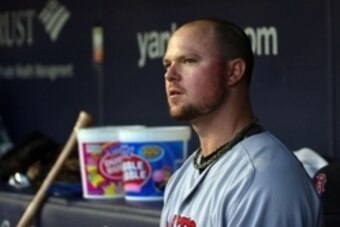 Jun 28, 2014; Bronx, NY, USA;  Boston Red Sox starting pitcher Jon Lester (31) in the dugout during the third inning against the New York Yankees at Yankee Stadium. Mandatory Credit: Anthony Gruppuso-USA TODAY Sports