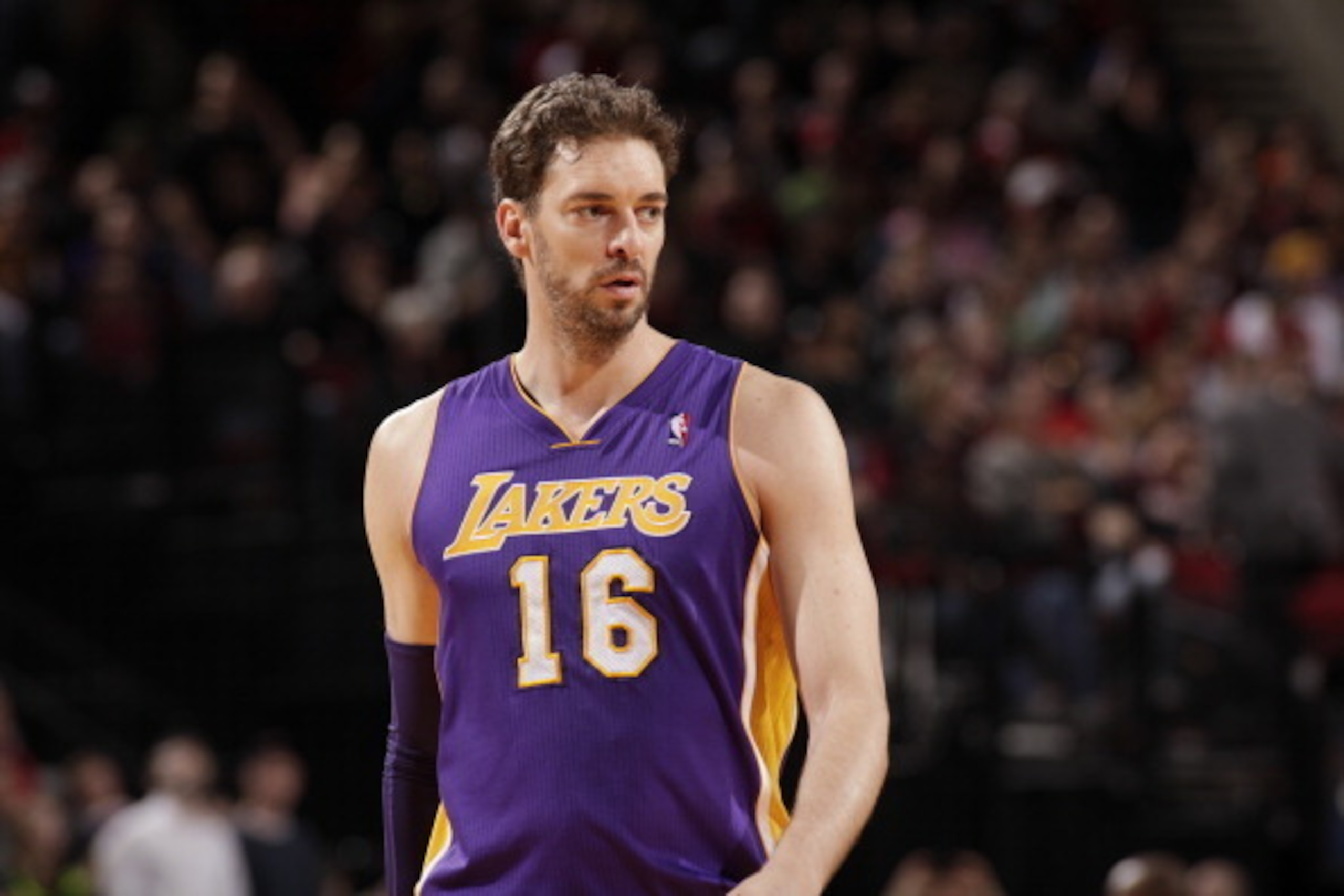 PORTLAND, OR - MARCH 3: Pau Gasol #16 of the Los Angeles Lakers looks on against the Portland Trailblazers on March 3, 2014 at the Moda Center Arena in Portland, Oregon. NOTE TO USER: User expressly acknowledges and agrees that, by downloading and or usin