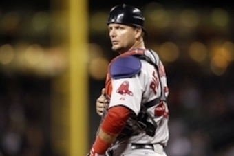 Jun 24, 2014; Seattle, WA, USA; Boston Red Sox catcher A.J. Pierzynski (40) looks to the dugout after being stolen on for the second time during the seventh inning against the Seattle Mariners at Safeco Field. Mandatory Credit: Joe Nicholson-USA TODAY Spo