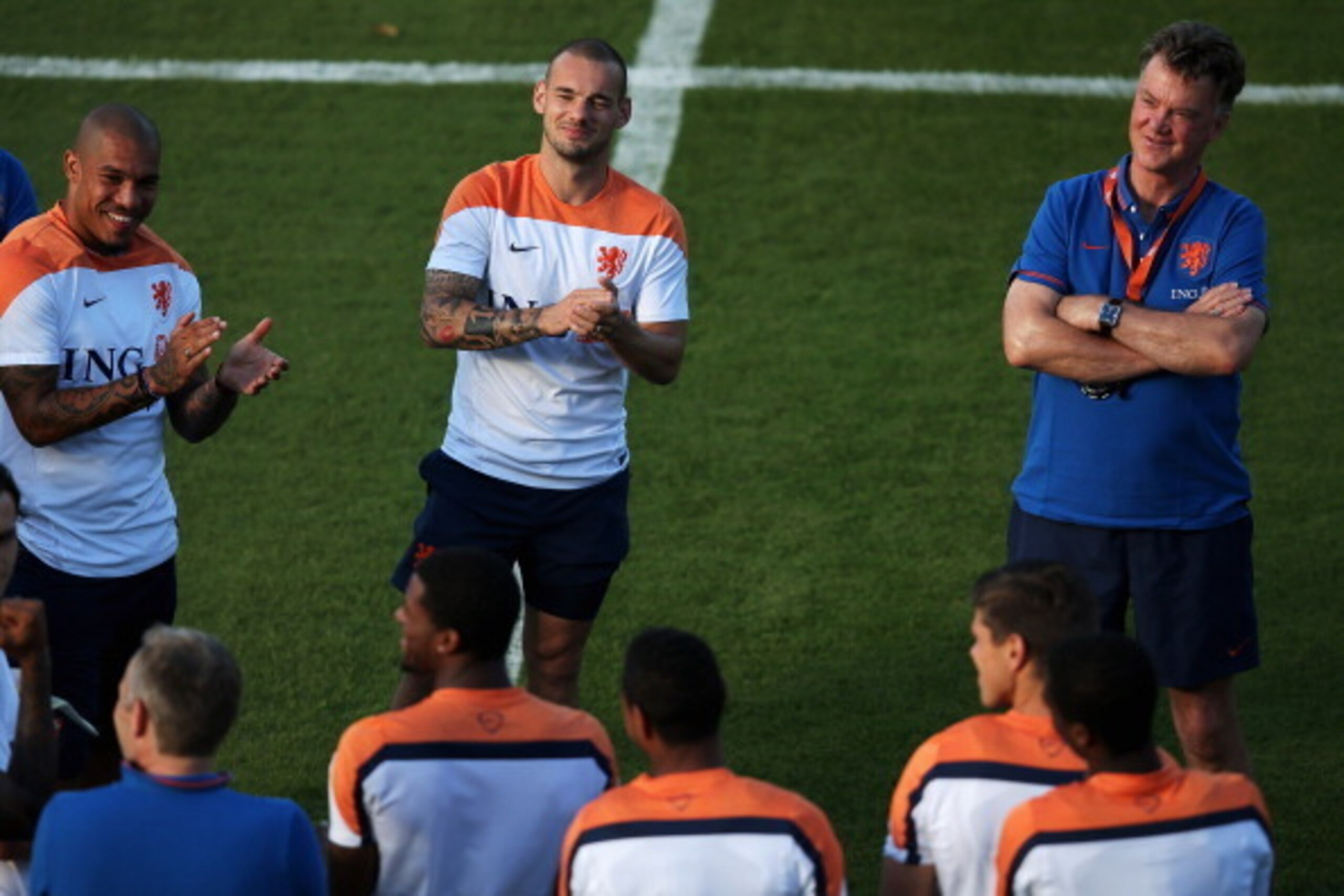 RIO DE JANEIRO, BRAZIL - JULY 06:  Head coach Louis van Gaal speaks to his team during the Netherlands training session at the 2014 FIFA World Cup Brazil held at the Estadio Jose Bastos Padilha Gavea on July 6, 2014 in Rio de Janeiro, Brazil.  The Netherl