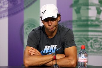 LONDON, ENGLAND - JULY 01:  Rafael Nadal of Spain speaks during a press conference after losing his Gentlemen's Singles fourth round match against Nick Kyrgios of Australia on day eight of the Wimbledon Lawn Tennis Championships at the All England Lawn Te