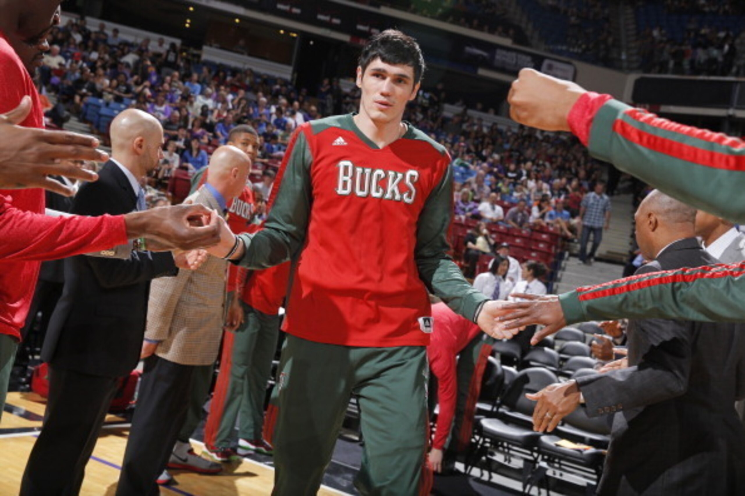 SACRAMENTO, CA - MARCH 23: Ersan Ilyasova #7 of the Milwaukee Bucks gets introduced into the starting lineup against the Sacramento Kings on March 23, 2014 at Sleep Train Arena in Sacramento, California. NOTE TO USER: User expressly acknowledges and agree