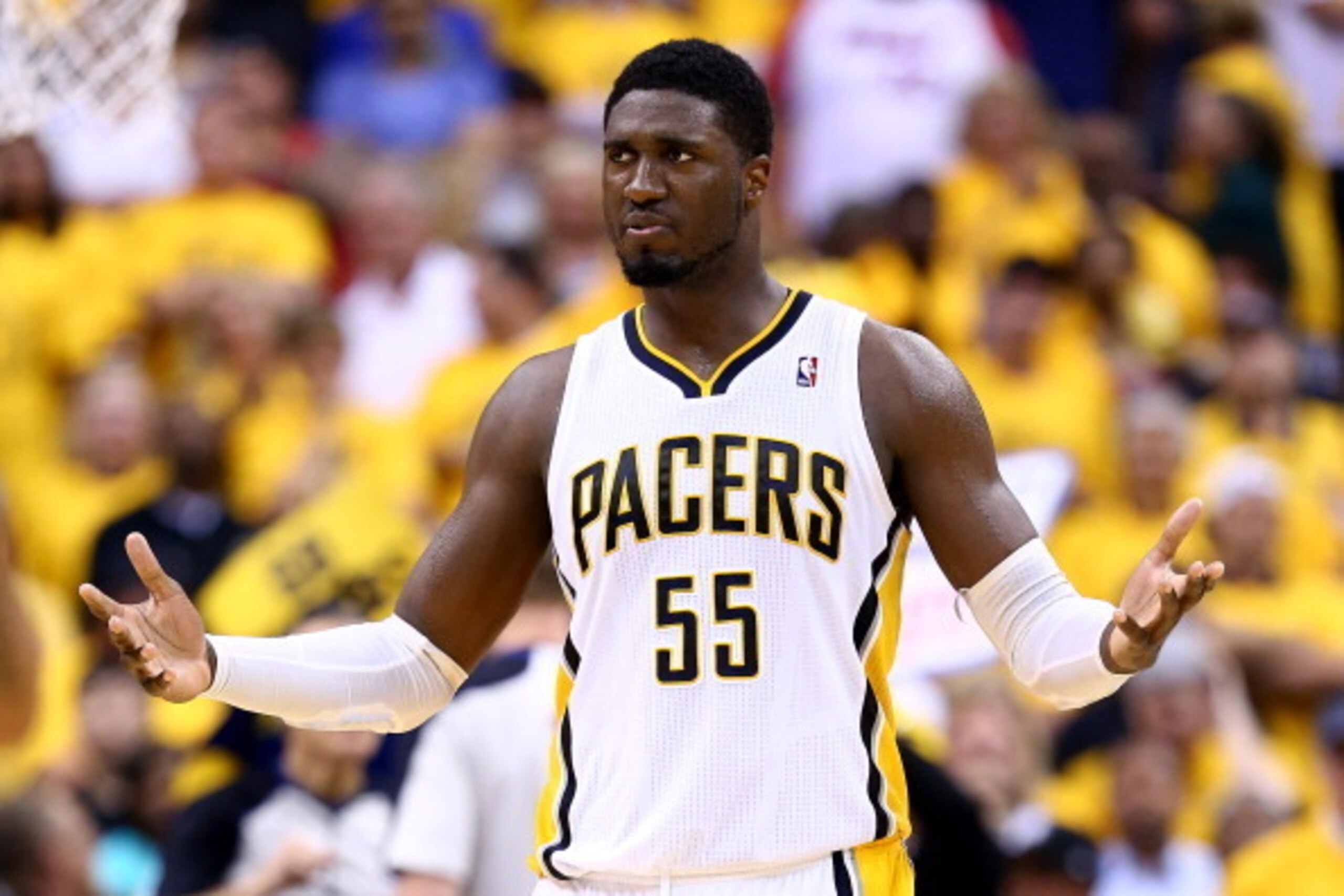 INDIANAPOLIS, IN - MAY 28:  Roy Hibbert #55 of the Indiana Pacers reacts against the Miami Heat during Game Five of the Eastern Conference Finals of the 2014 NBA Playoffs at Bankers Life Fieldhouse on May 28, 2014 in Indianapolis, Indiana. NOTE TO USER: U