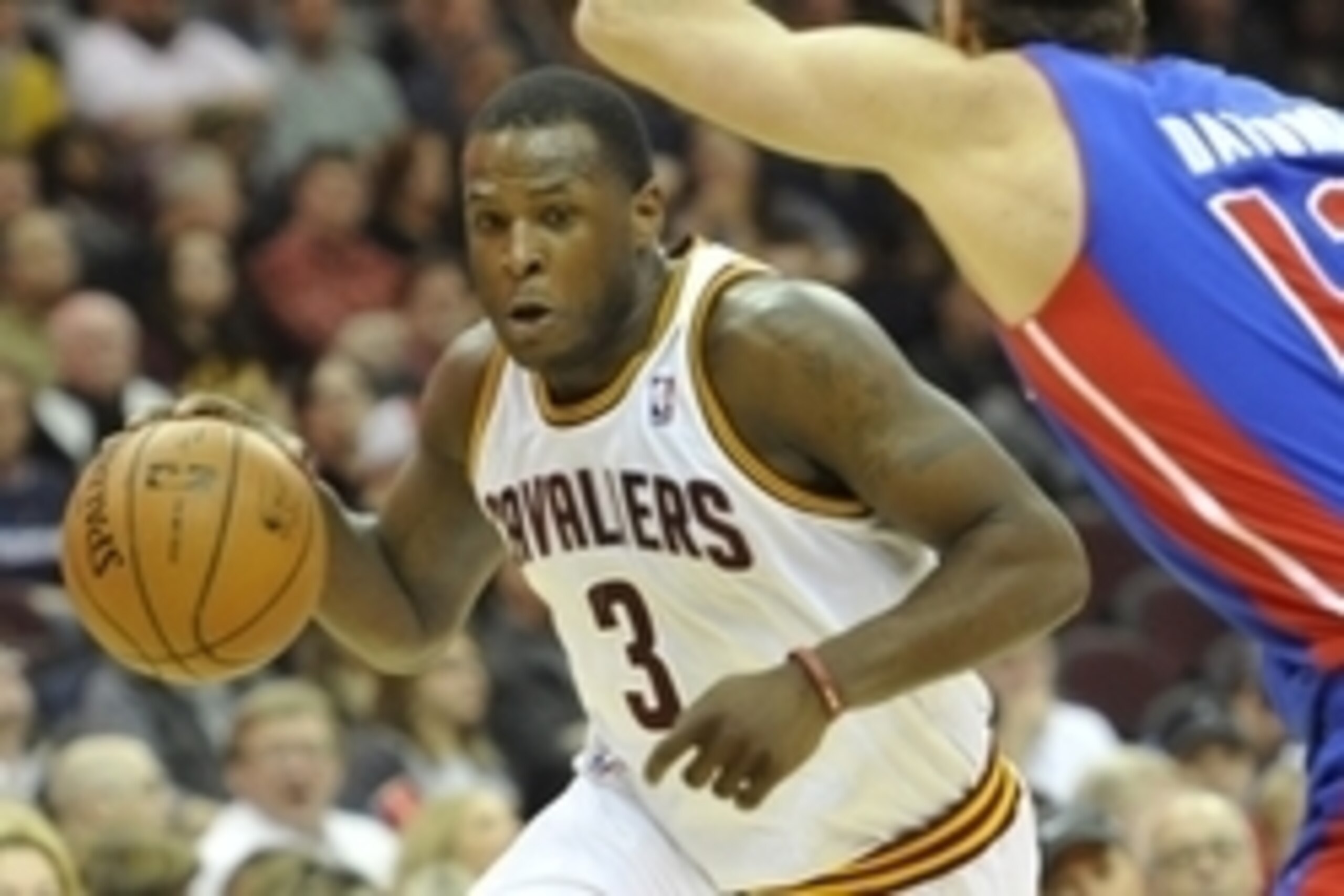 Apr 9, 2014; Cleveland, OH, USA; Cleveland Cavaliers guard Dion Waiters (3) drives against Detroit Pistons forward Luigi Datome (13) in the fourth quarter at Quicken Loans Arena. Mandatory Credit: David Richard-USA TODAY Sports