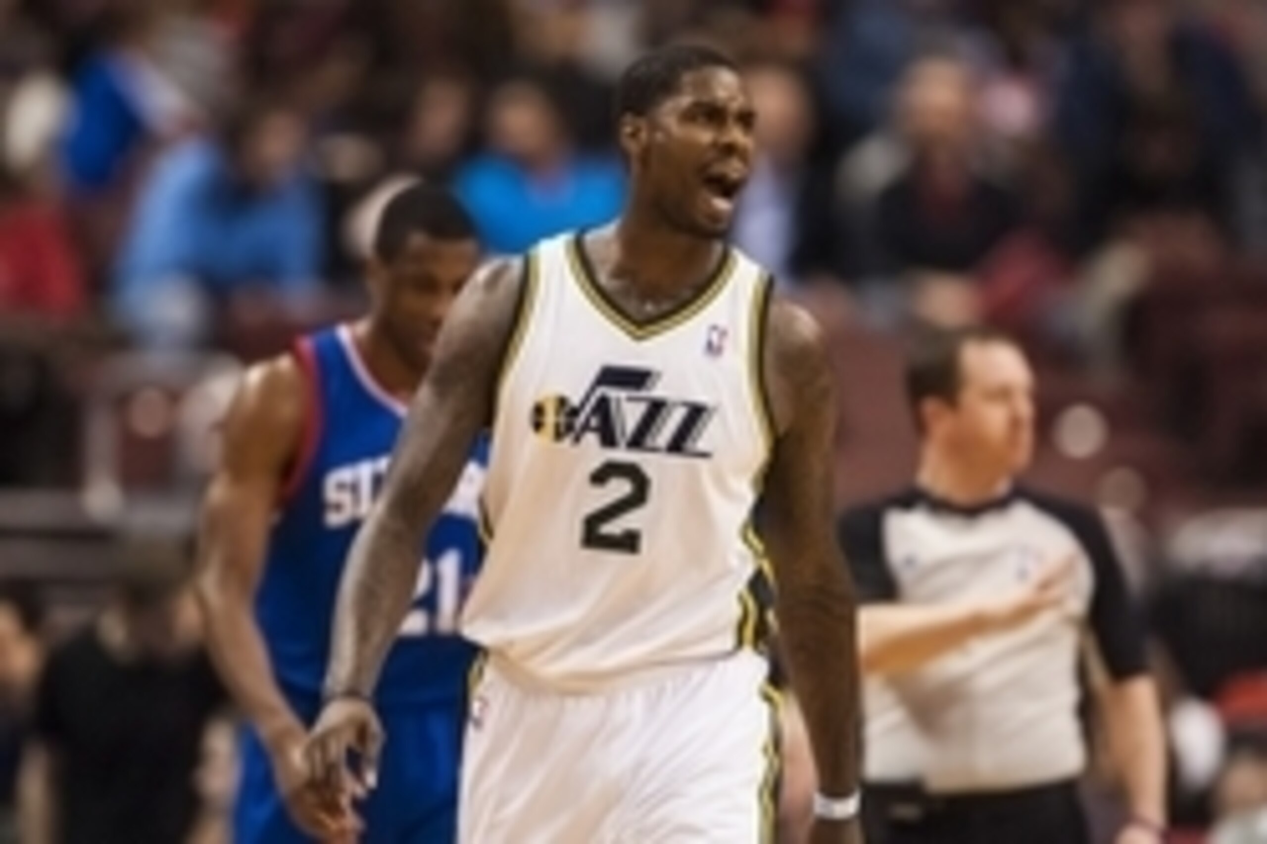 Mar 8, 2014; Philadelphia, PA, USA; Utah Jazz forward Marvin Williams (2) celebrates during the third quarter against the Philadelphia 76ers at Wells Fargo Center. The Jazz defeated the Sixers 104-92. Mandatory Credit: Howard Smith-USA TODAY Sports