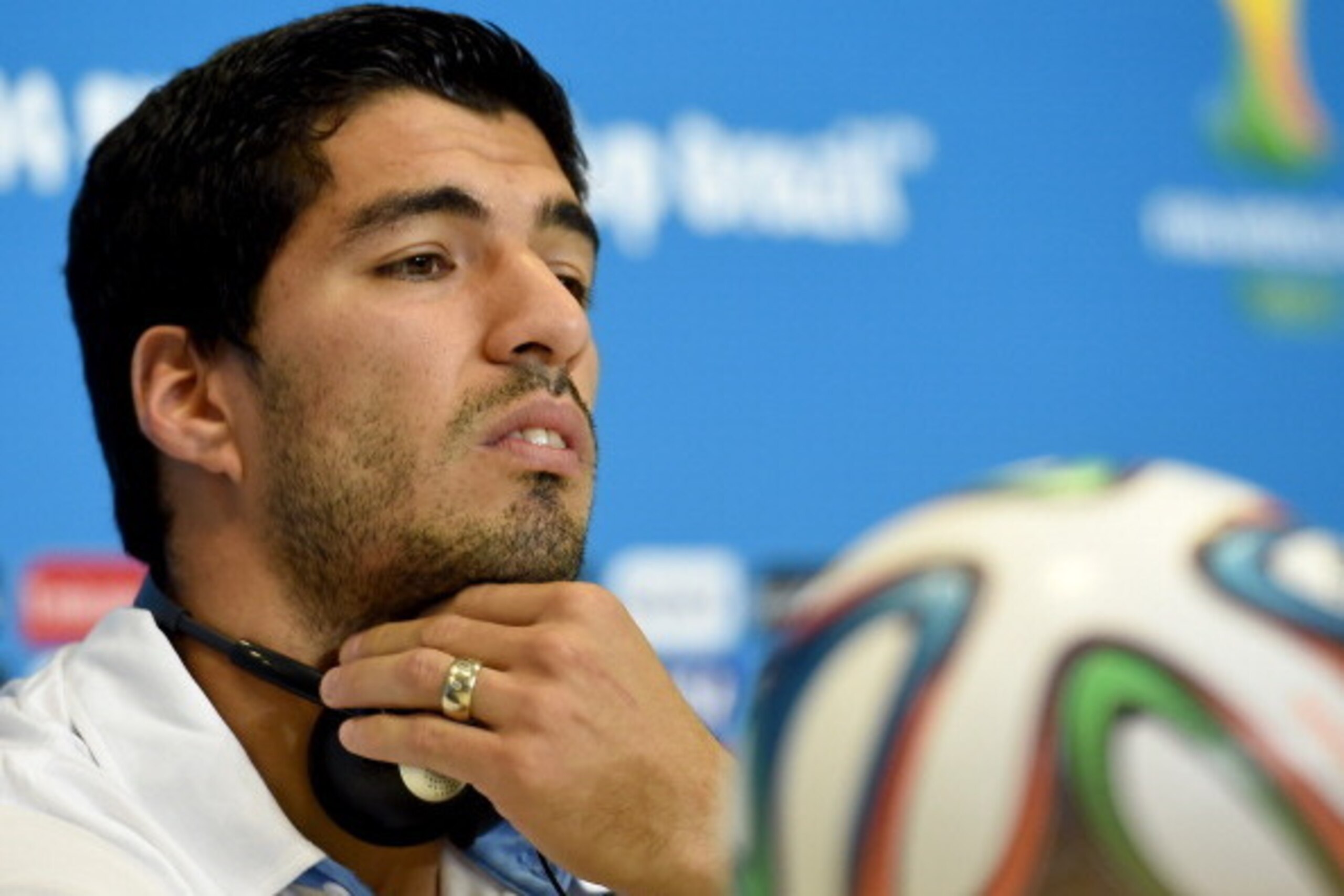 NATAL, BRAZIL - JUNE 23:  Luis Suarez of Uruguay looks on during press conference at the Dunas Arena in Natal on June 23, 2014 in Natal, Brazil.  (Photo by Claudio Villa/Getty Images)