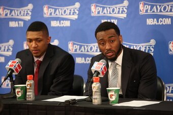 CHICAGO, IL - APRIL 29: Bradley Beal #3 and John Wall #2 of the Washington Wizards address the media after Game 5 of the Eastern Conference Quarterfinals against the Chicago Bulls in the 2014 NBA Playoffs on April 29, 2014 at the United Center in Chicago,
