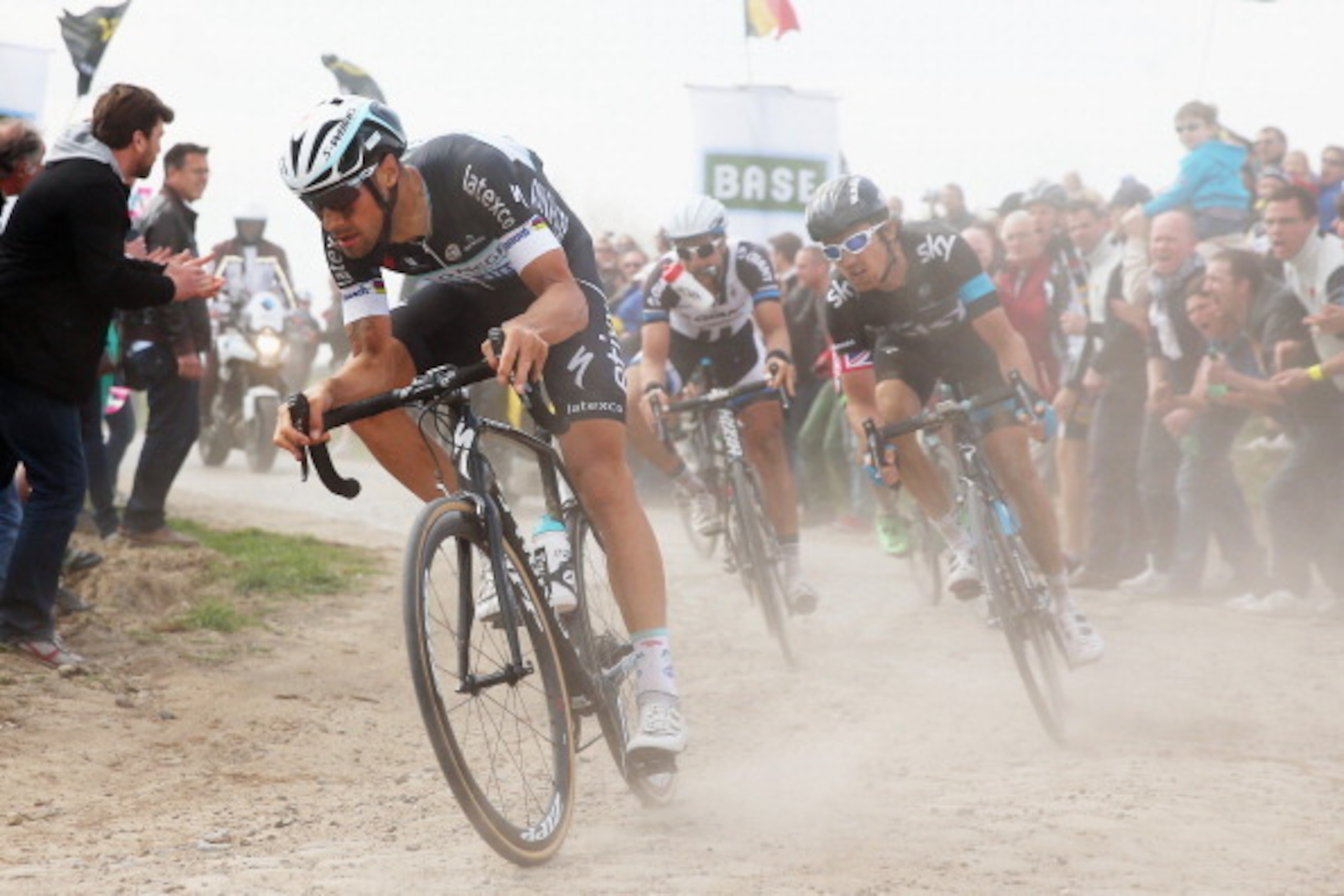 ROUBAIX, FRANCE - APRIL 13:  Tom Boonen of Belgium and Omega Pharma-QuickStep in action during the 112th edition of the Paris - Roubaix cycle race from Compiegne to Roubaix on April 13, 2014 in Roubaix, France. This year's 257km race includes 28 secteurs 