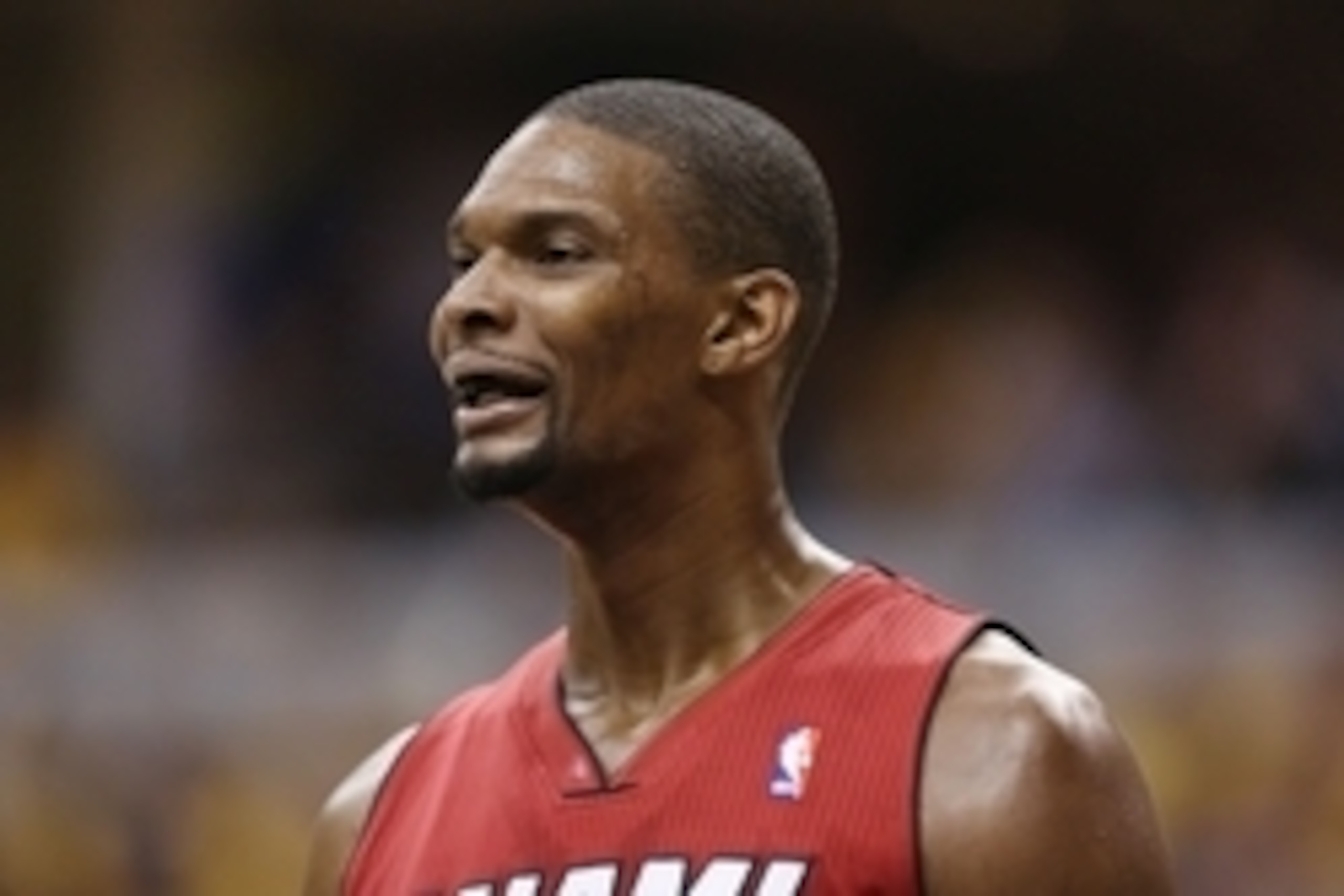 May 18, 2014; Indianapolis, IN, USA; Miami Heat center Chris Bosh (1) is after being called for a foul when playing against the Indiana Pacers in game one of the Eastern Conference Finals of the 2014 NBA Playoffs at Bankers Life Fieldhouse. Indiana defeat