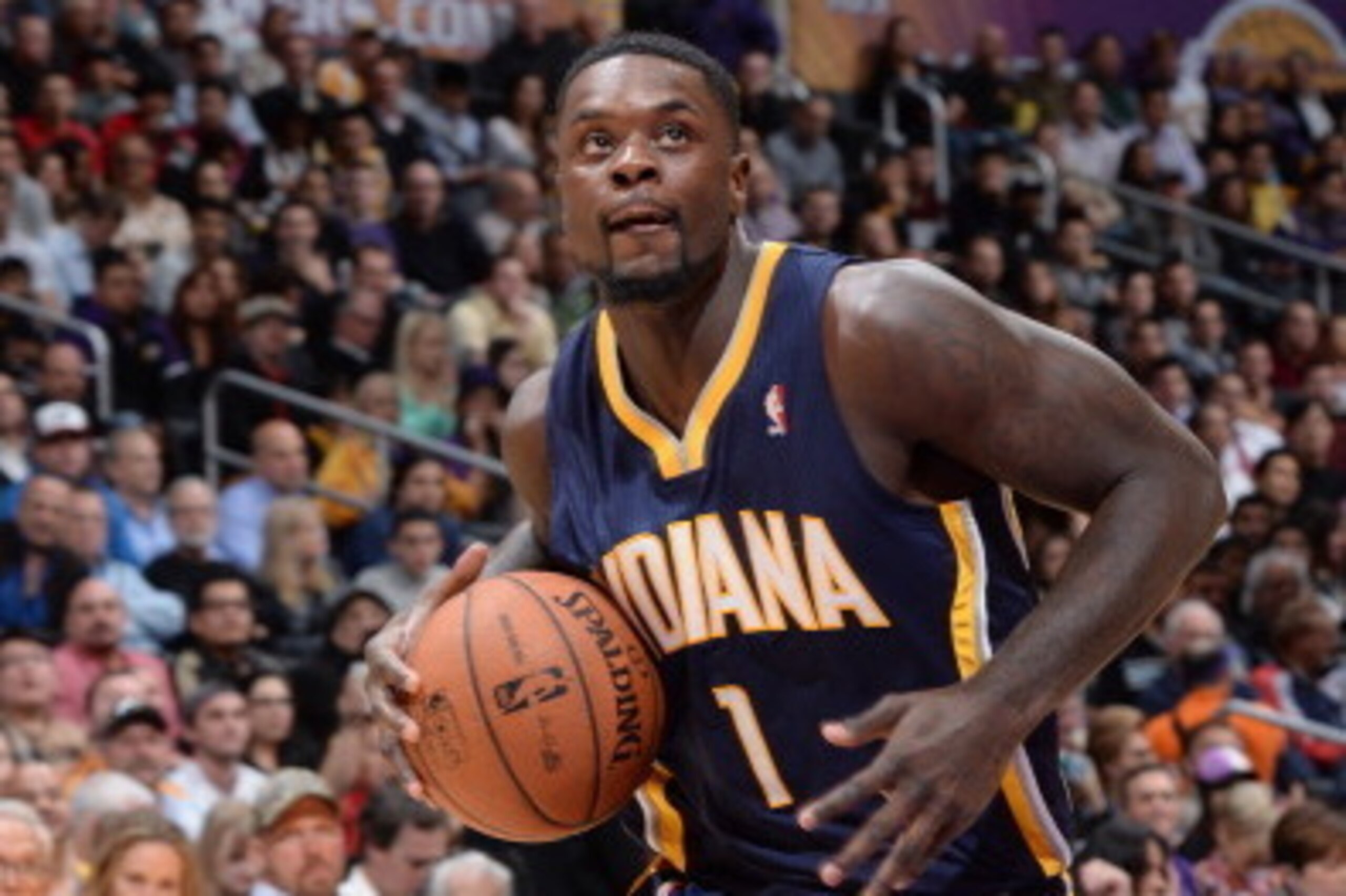 LOS ANGELES, CA - JANUARY 28: Lance Stephenson #1 of the Indiana Pacers drives to the basket during a game against the Los Angeles Lakers at STAPLES Center on January 28, 2014 in Los Angeles, California. NOTE TO USER: User expressly acknowledges and agree