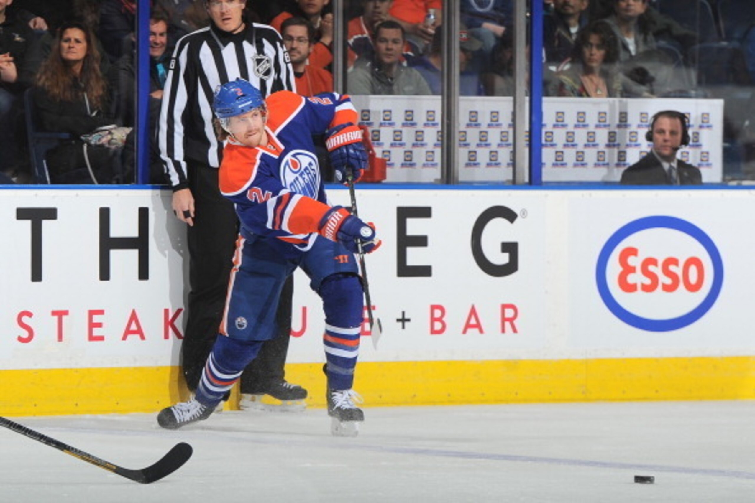 EDMONTON, AB - APRIL 12: Jeff Petry #2 of the Edmonton Oilers passes the puck in a game against the Vancouver Canucks on April 12, 2014 at Rexall Place in Edmonton, Alberta, Canada. (Photo by Andy Devlin/NHLI via Getty Images)