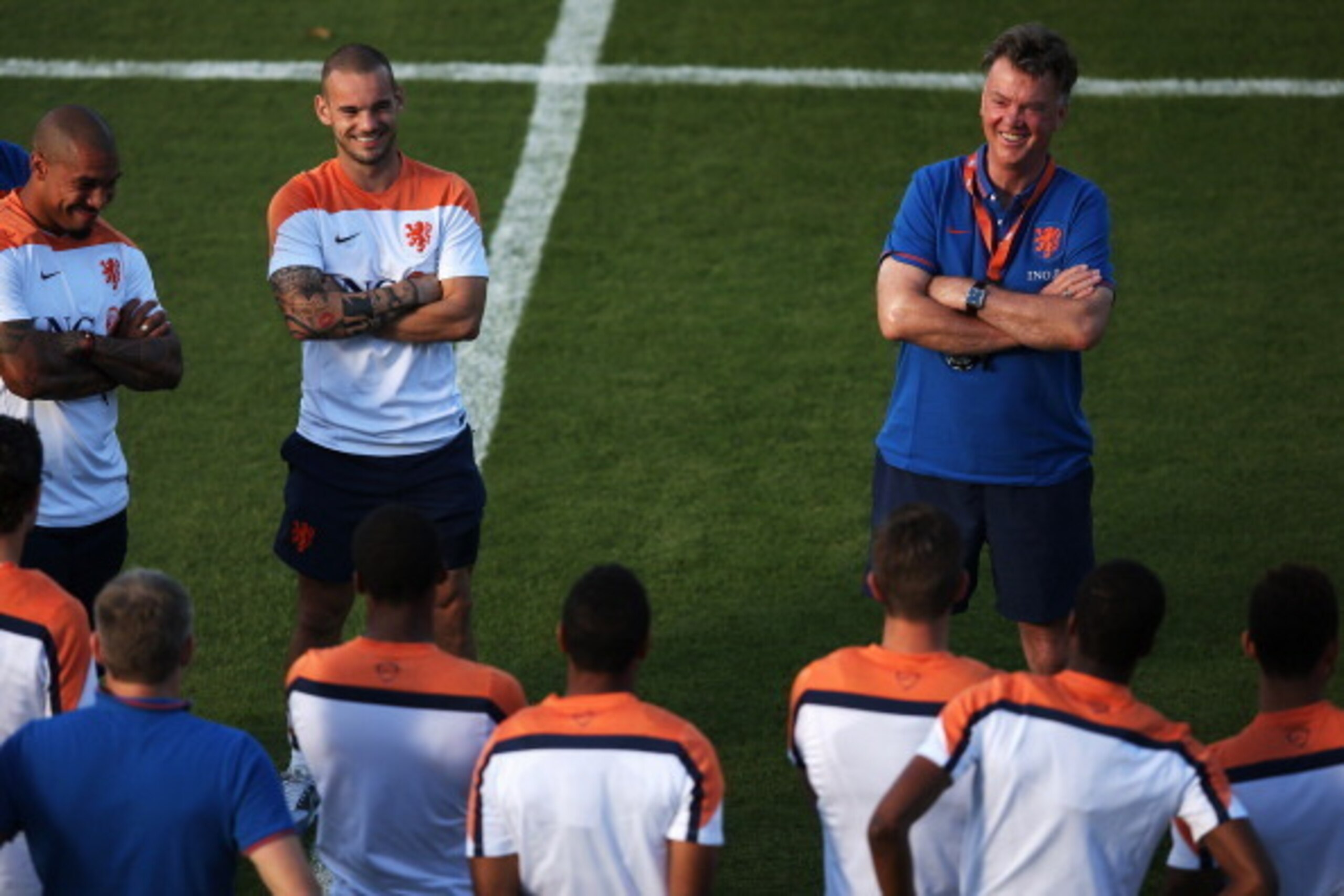 RIO DE JANEIRO, BRAZIL - JULY 06:  Head coach Louis van Gaal speaks to his team during the Netherlands training session at the 2014 FIFA World Cup Brazil held at the Estadio Jose Bastos Padilha Gavea on July 6, 2014 in Rio de Janeiro, Brazil.  The Netherl