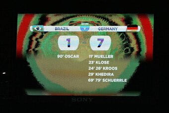 BELO HORIZONTE, BRAZIL - JULY 08: A view of the scoreboard showing Germany's victory with a final score of 7-1 during the 2014 FIFA World Cup Brazil Semi Final match between Brazil and Germany at Estadio Mineirao on July 8, 2014 in Belo Horizonte, Brazil.