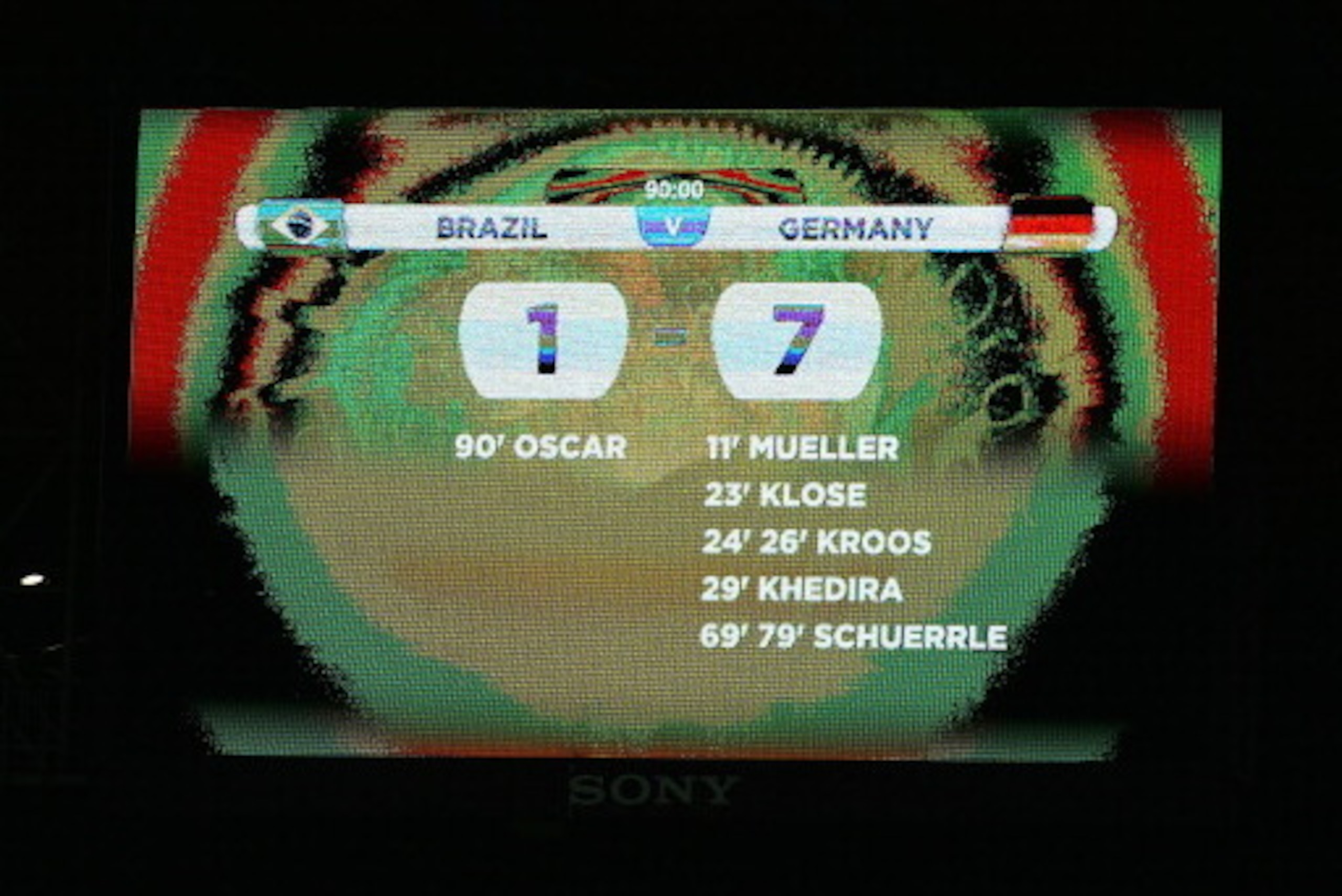 BELO HORIZONTE, BRAZIL - JULY 08: A view of the scoreboard showing Germany's victory with a final score of 7-1 during the 2014 FIFA World Cup Brazil Semi Final match between Brazil and Germany at Estadio Mineirao on July 8, 2014 in Belo Horizonte, Brazil.
